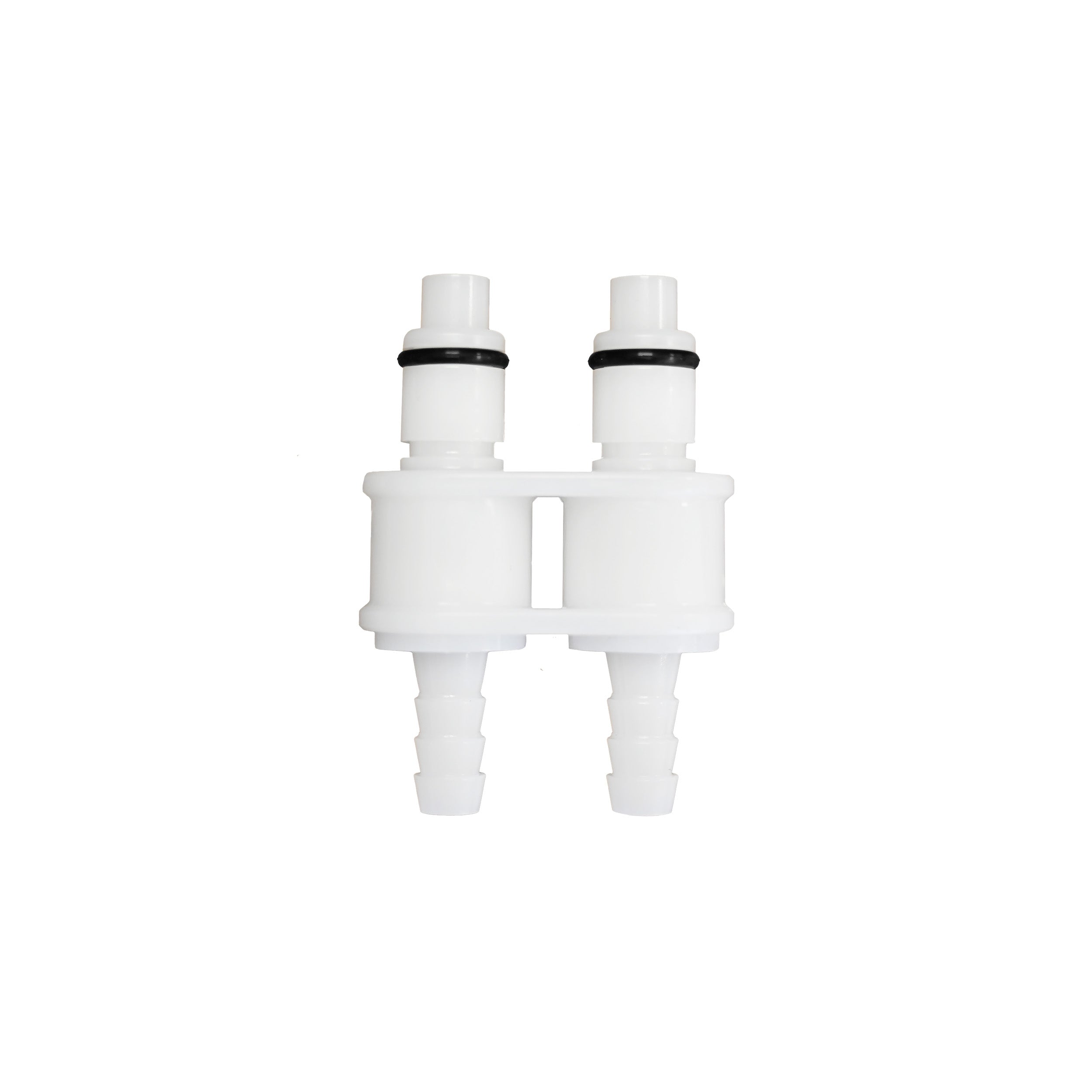 A white plastic dual-port connector with black O-rings, isolated on a solid white background.
