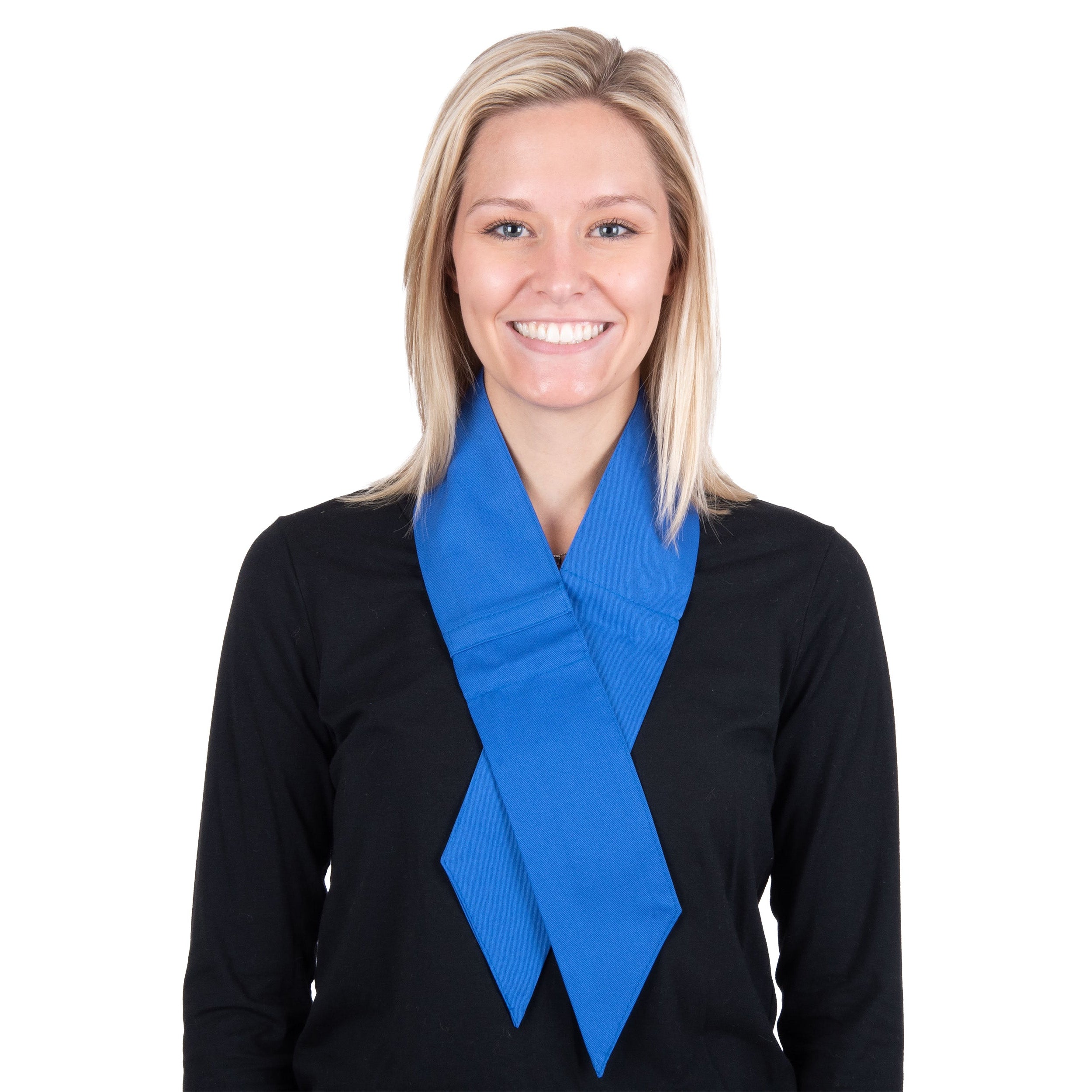 A smiling blonde woman wearing a bright blue deluxe cooling neck wrap over a black long-sleeve top, photographed against a plain white background.
