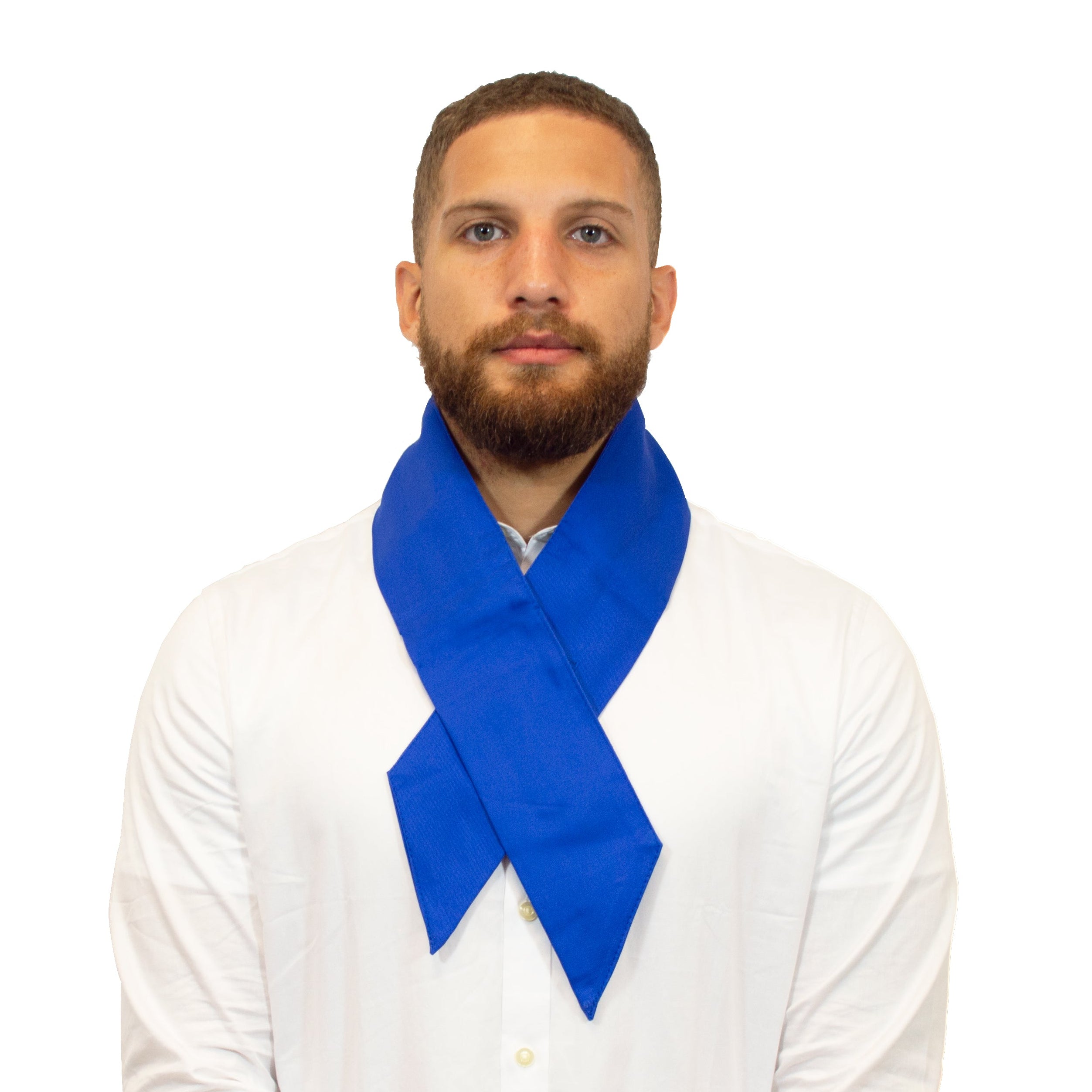 Man wearing a white shirt with a blue Deluxe Cooling Neck Wrap against a white background