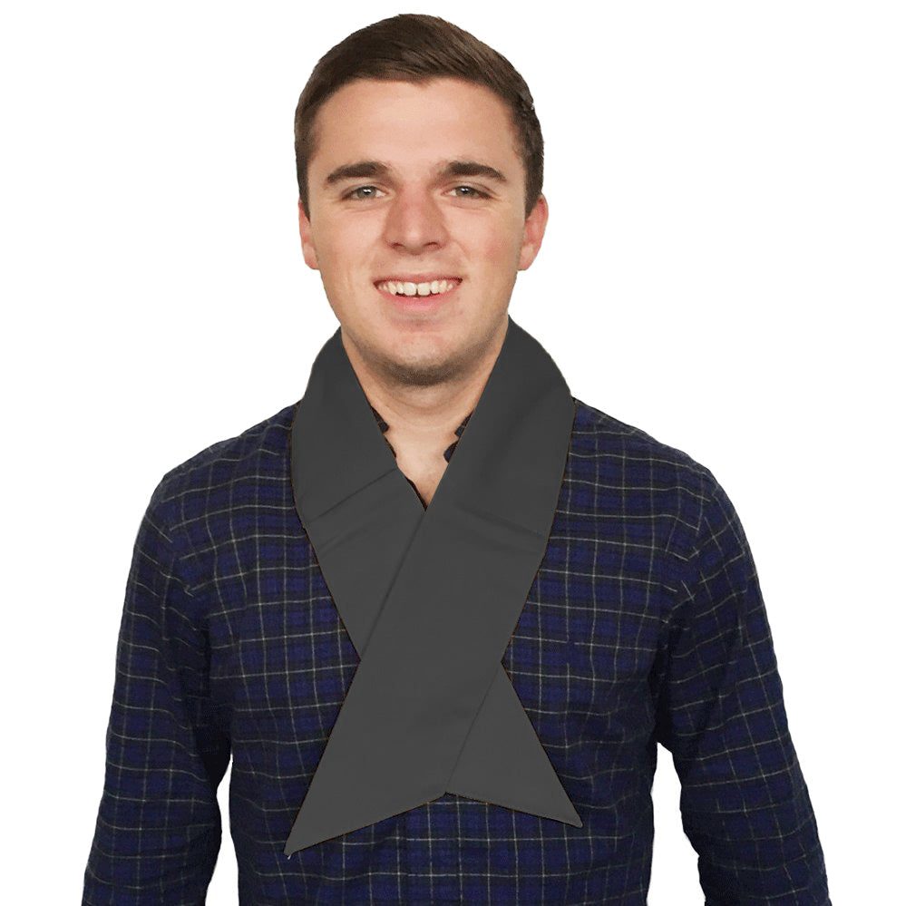 Man wearing a dark blue plaid shirt with a gray Deluxe Cooling Neck Wrap against a white background