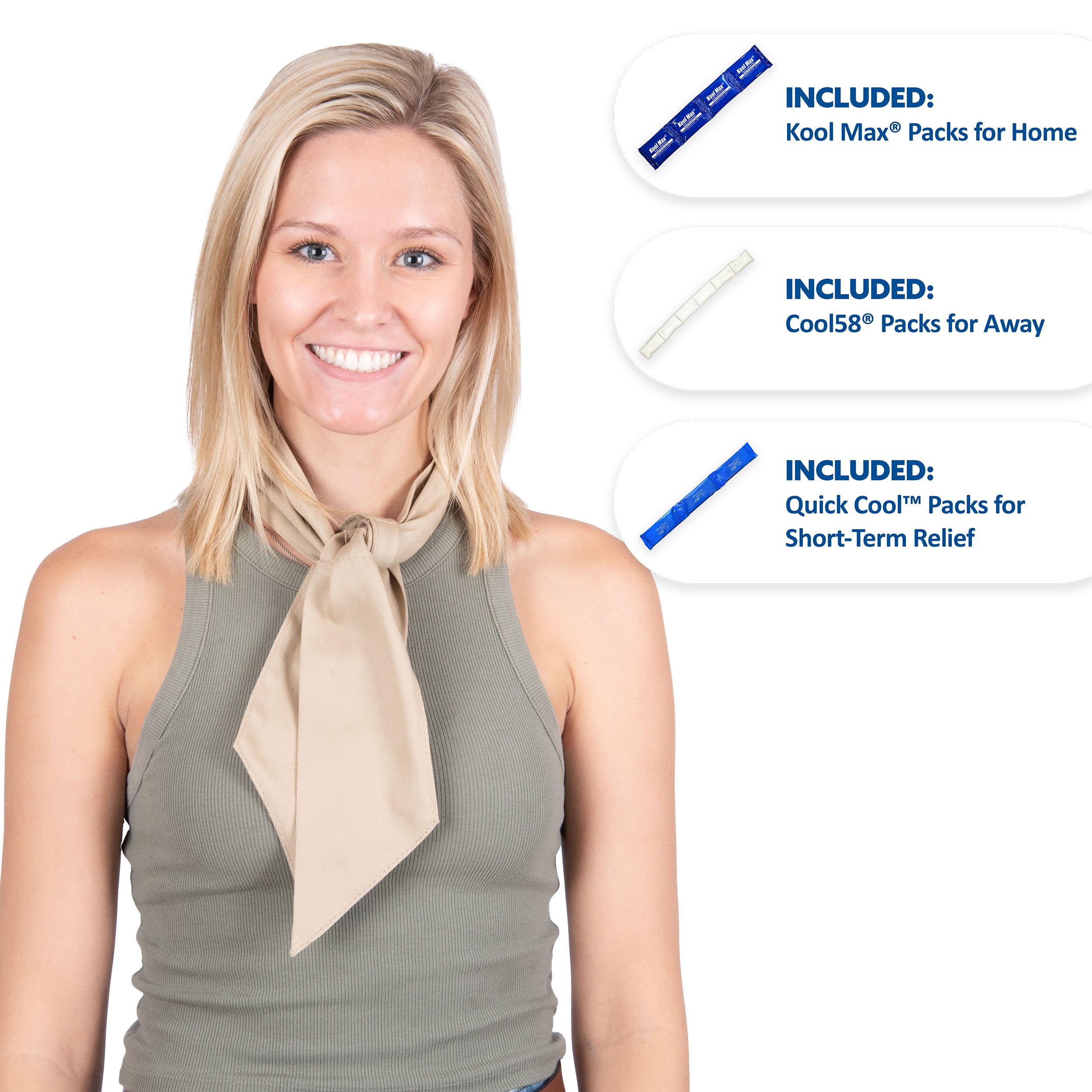 A smiling blonde woman wearing a khaki cooling neck scarf tied around her neck, shown against a white background with three callout bubbles listing included products: Kool Max Packs for Home, Cool58 Packs for Away, and Quick Cool Packs for Short-Term Relief.