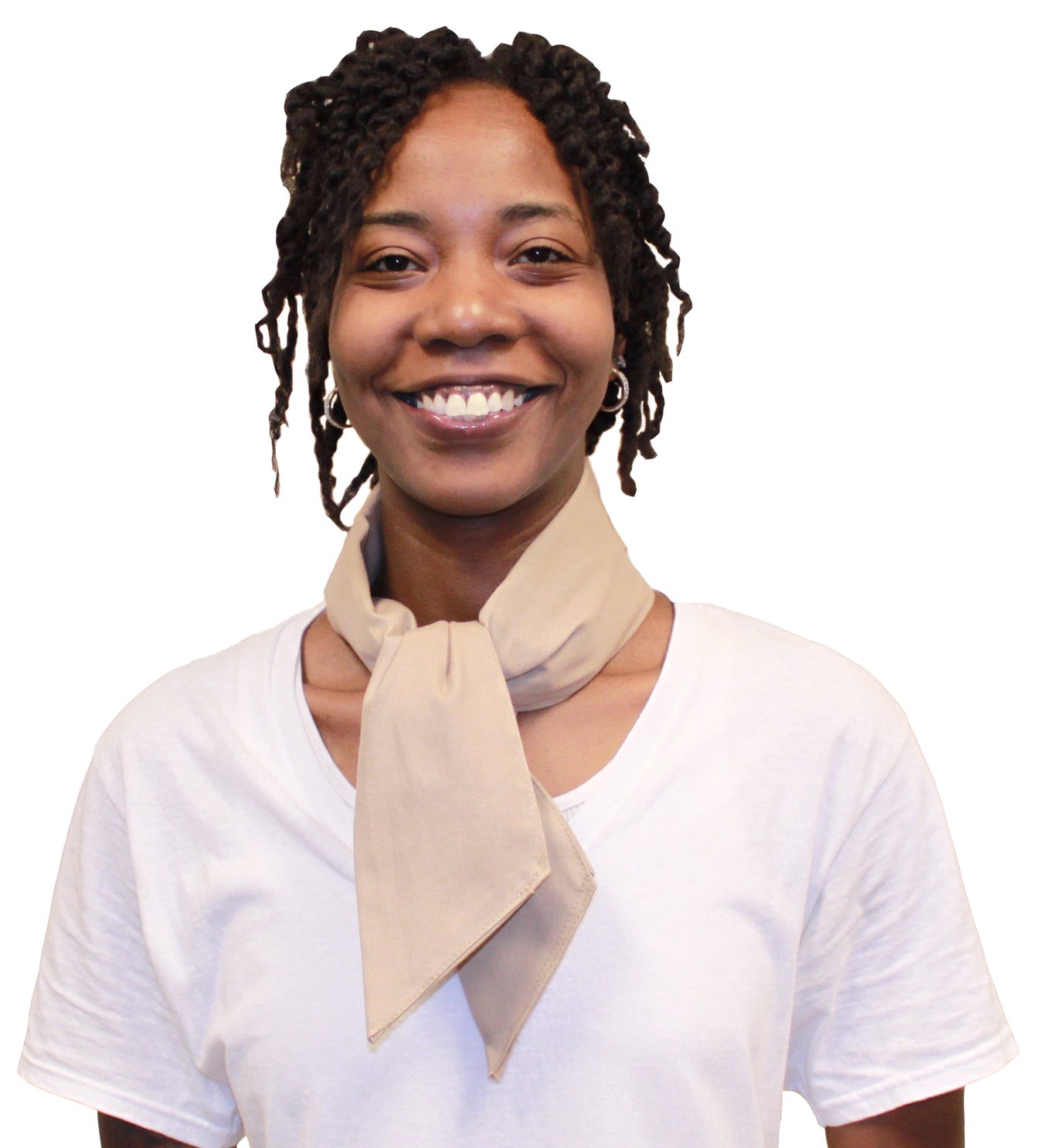 A smiling woman wearing a khaki deluxe cooling neck wrap with a white t-shirt, photographed on a white background.