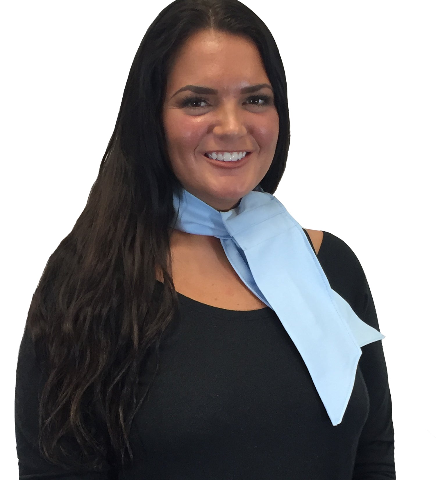 Woman wearing a light blue Deluxe Cooling Neck Wrap on a white background