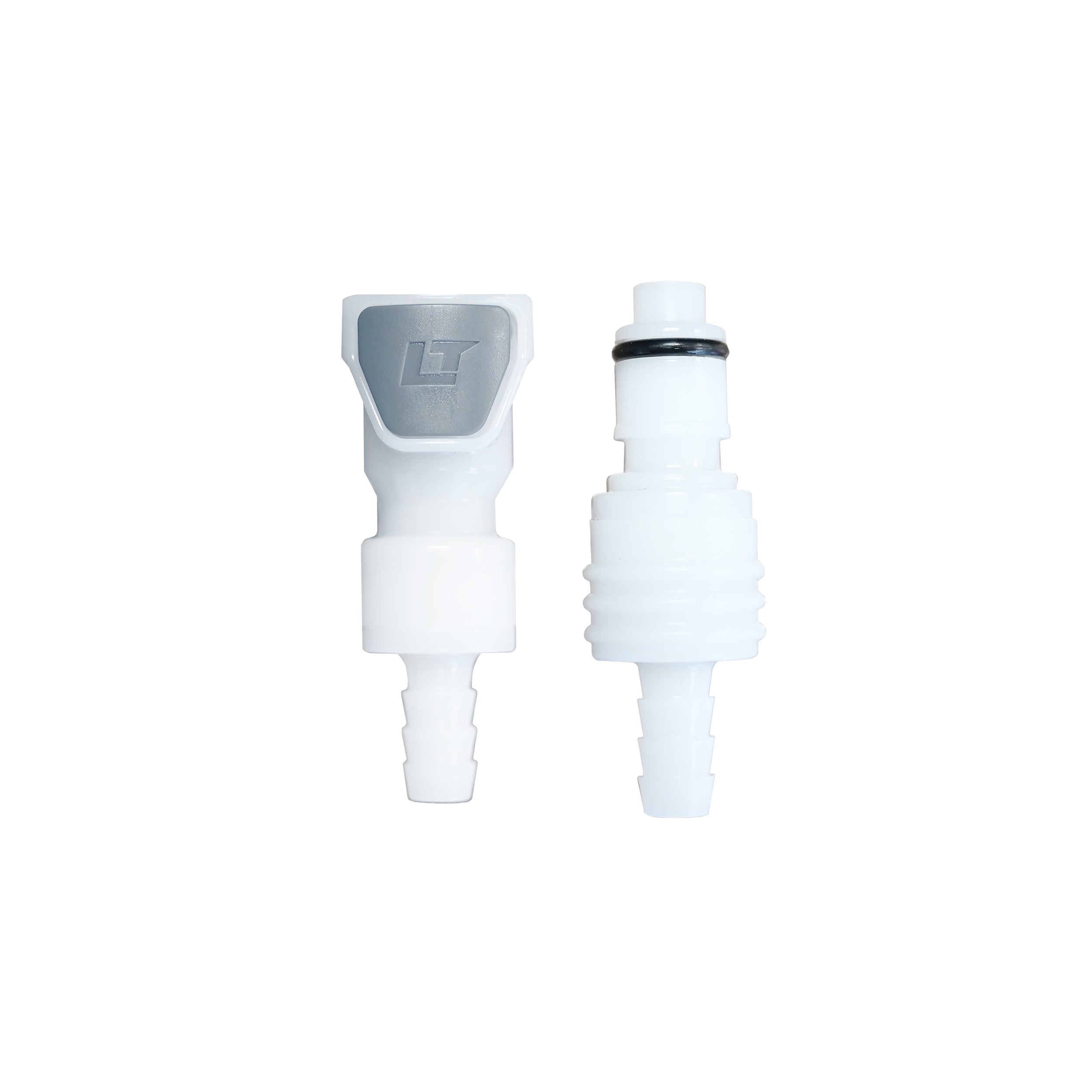 Two white plastic dual-port connector components shown on a plain white background, both upright, with small black O-rings and a plastic label reading LT.