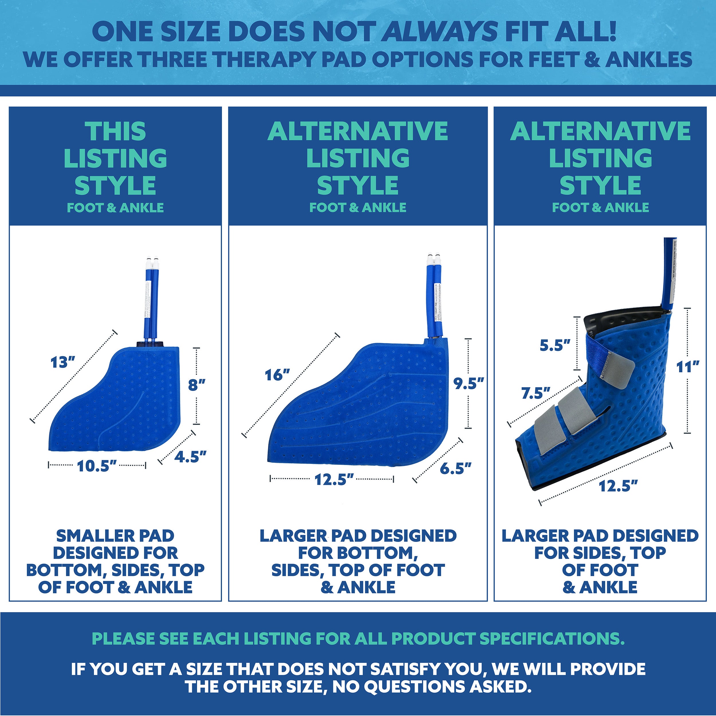 Product description for all foot & ankle therapy pads with dimensions and size options on a white background