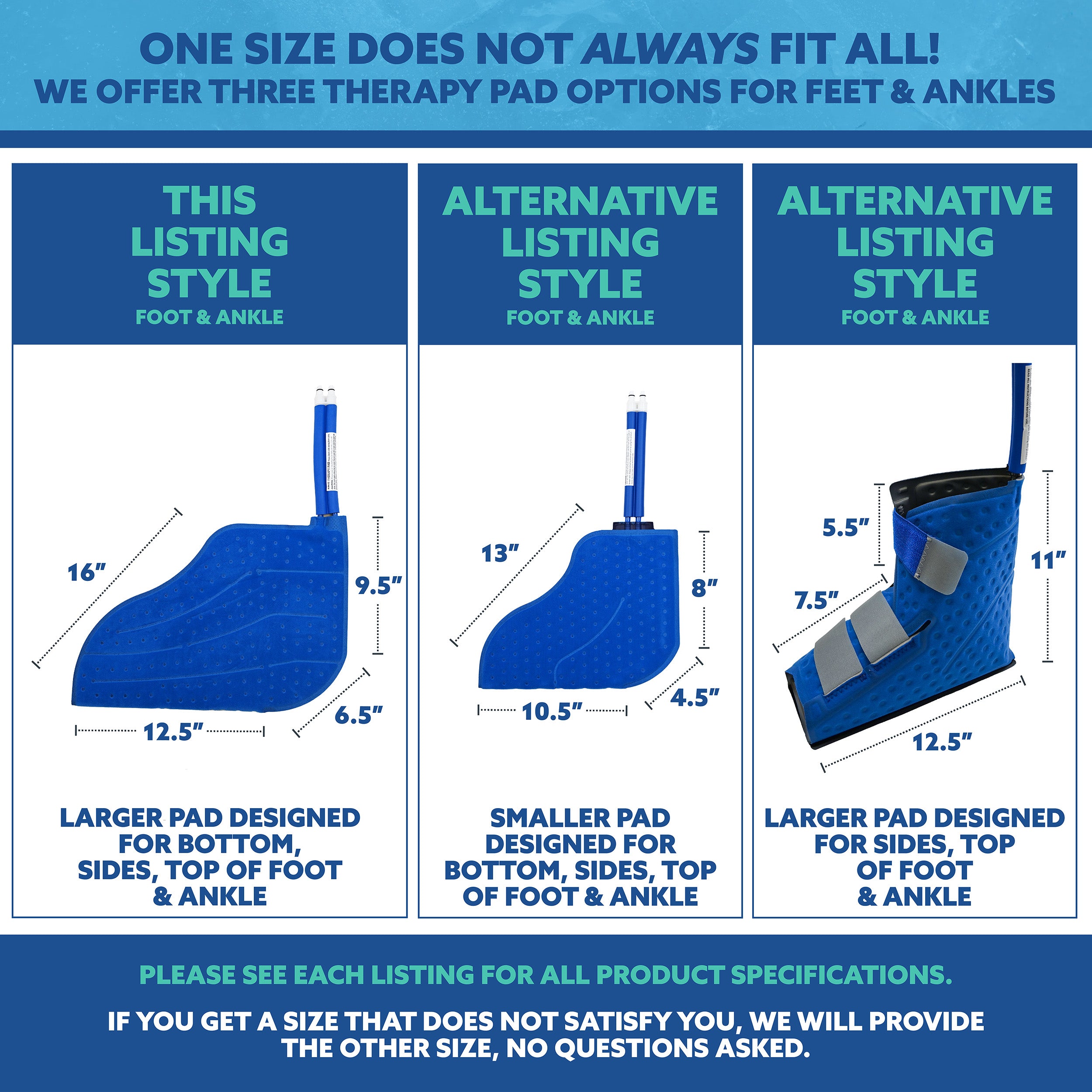 Product description for foot therapy pads with dimensions and design details on a white background