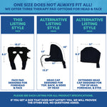 Product description for face and head therapy pads with dimensions and styles on a white background