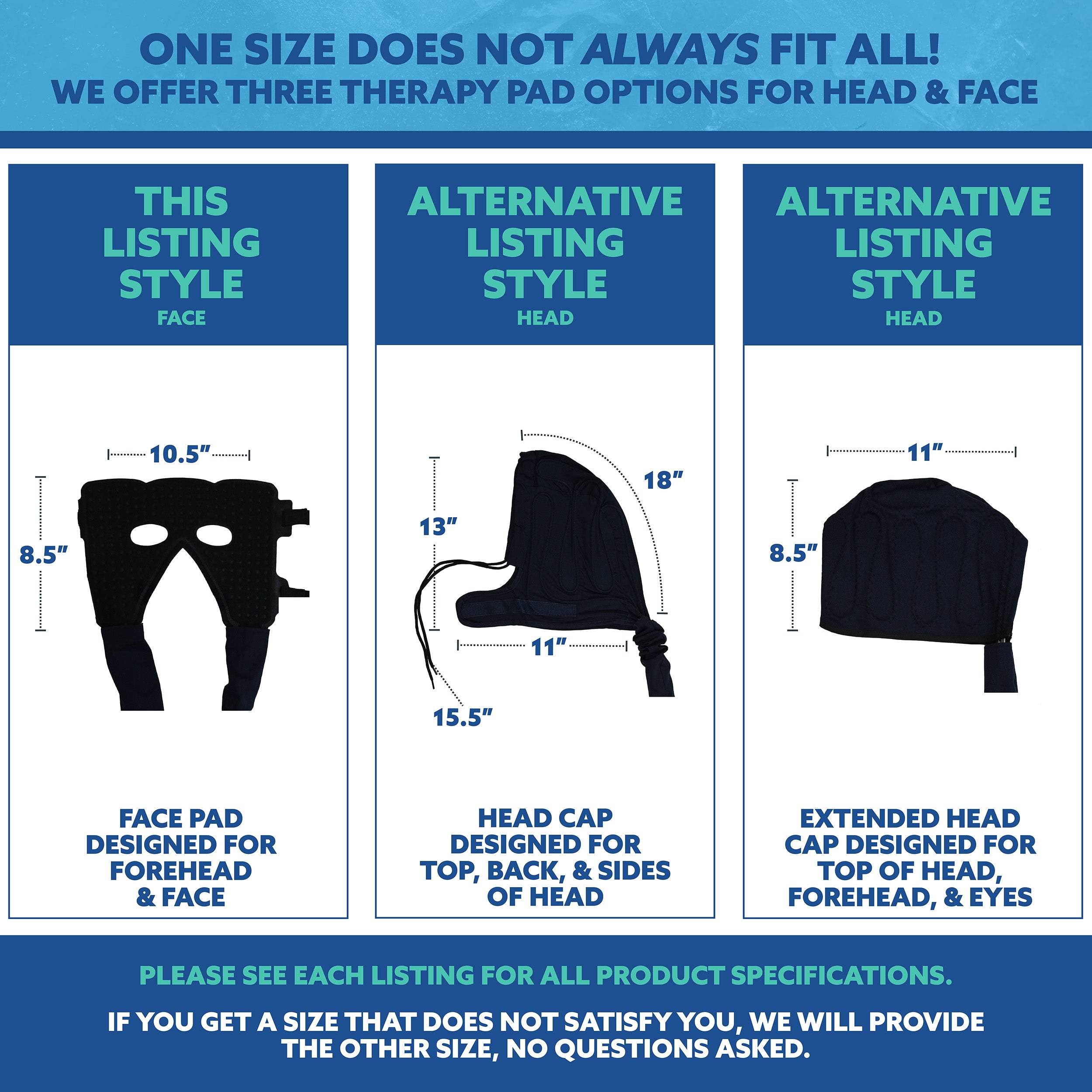Product description for face and head therapy pads with dimensions and styles on a white background