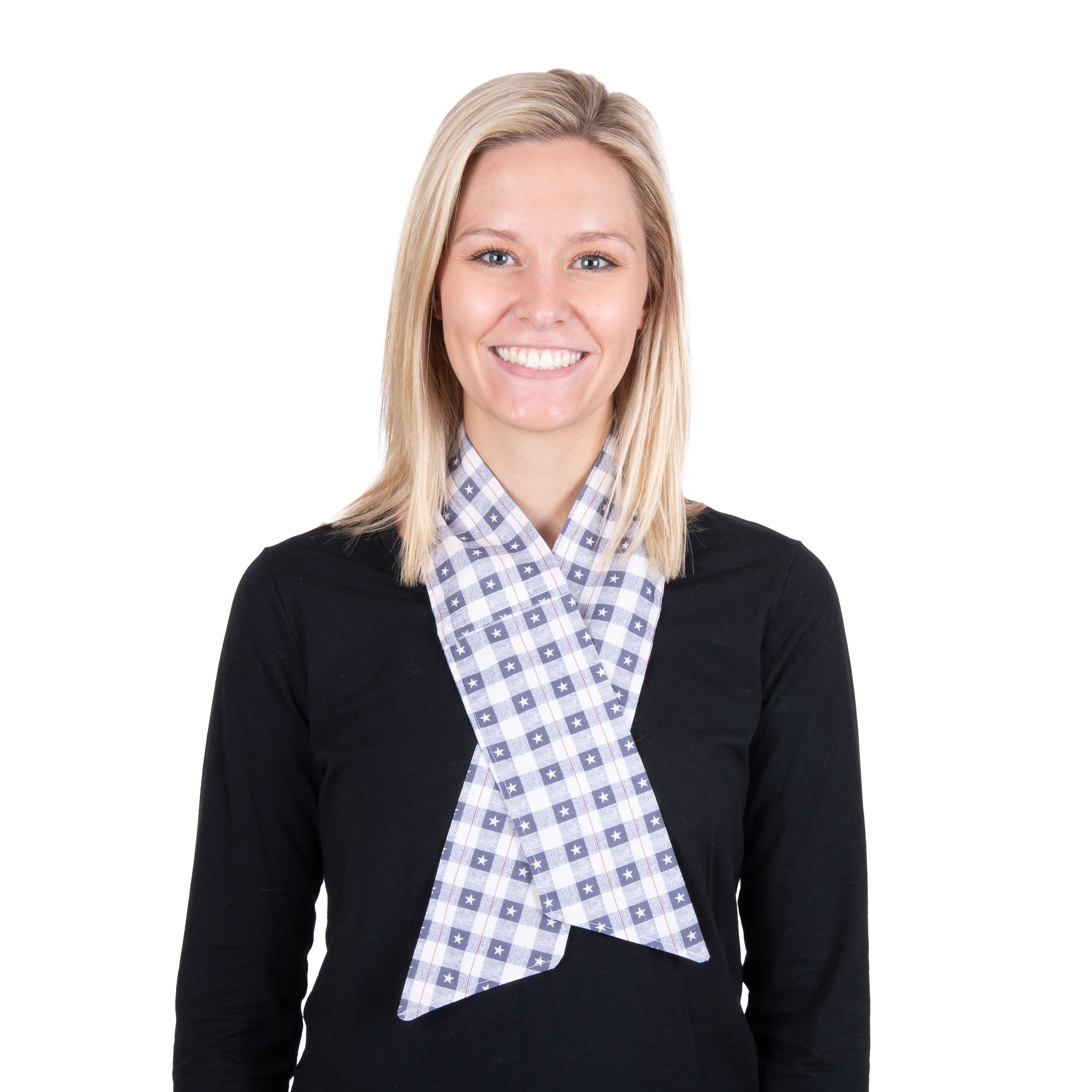 A smiling blonde woman wearing a black long-sleeve top and a white scarf with a gingham pattern cooling fashion neck scarf, photographed against a solid white background.