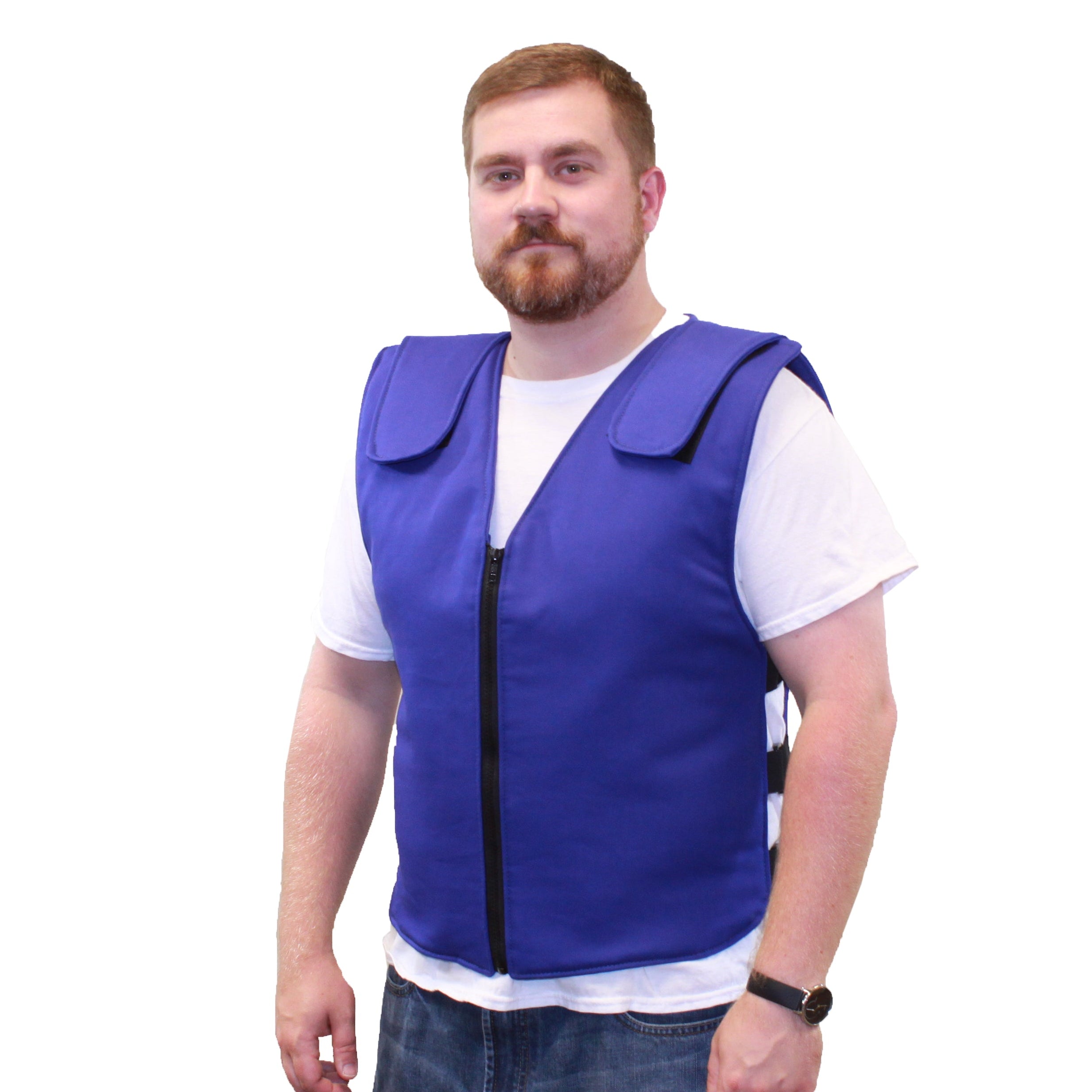 Man wearing a blue Banox™ Fire-Resistant Cooling Vest on a white background