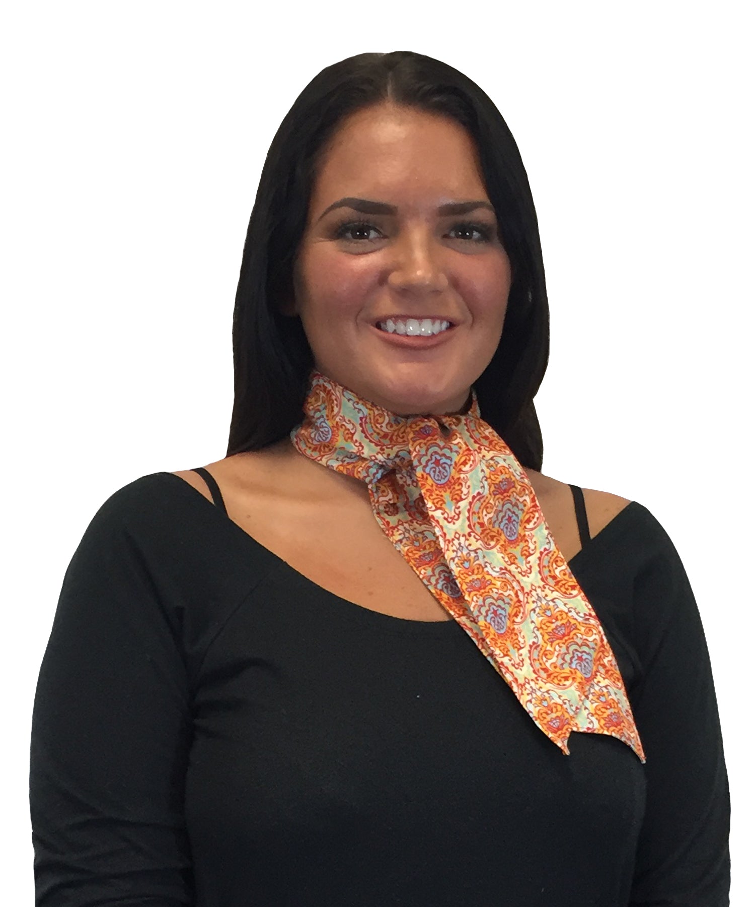Woman wearing a patterned Fashion Cooling Scarf around her neck on a white background