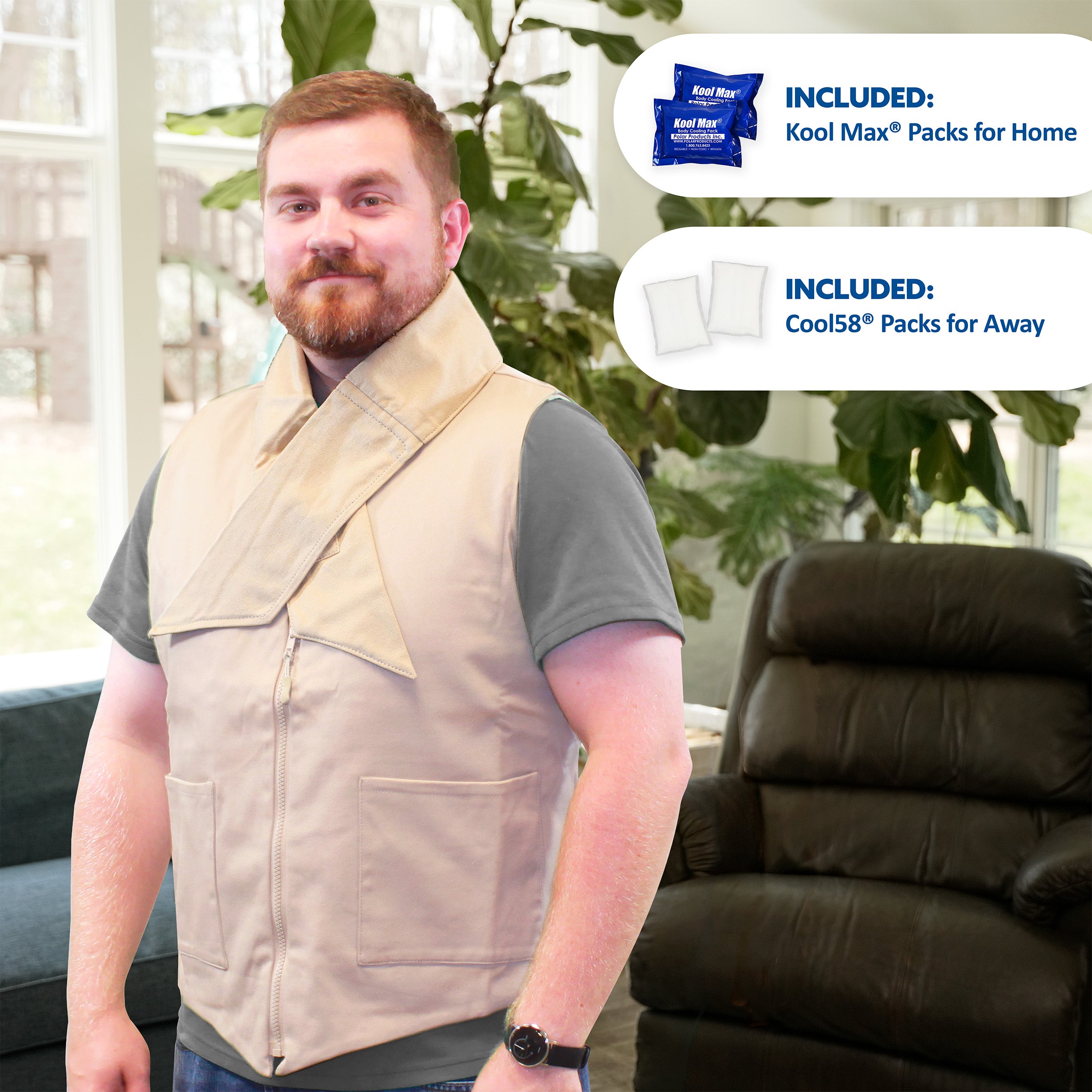 Man wearing a beige fashion cooling vest and deluxe neck wrap with text about included Kool Max packs for home and away.