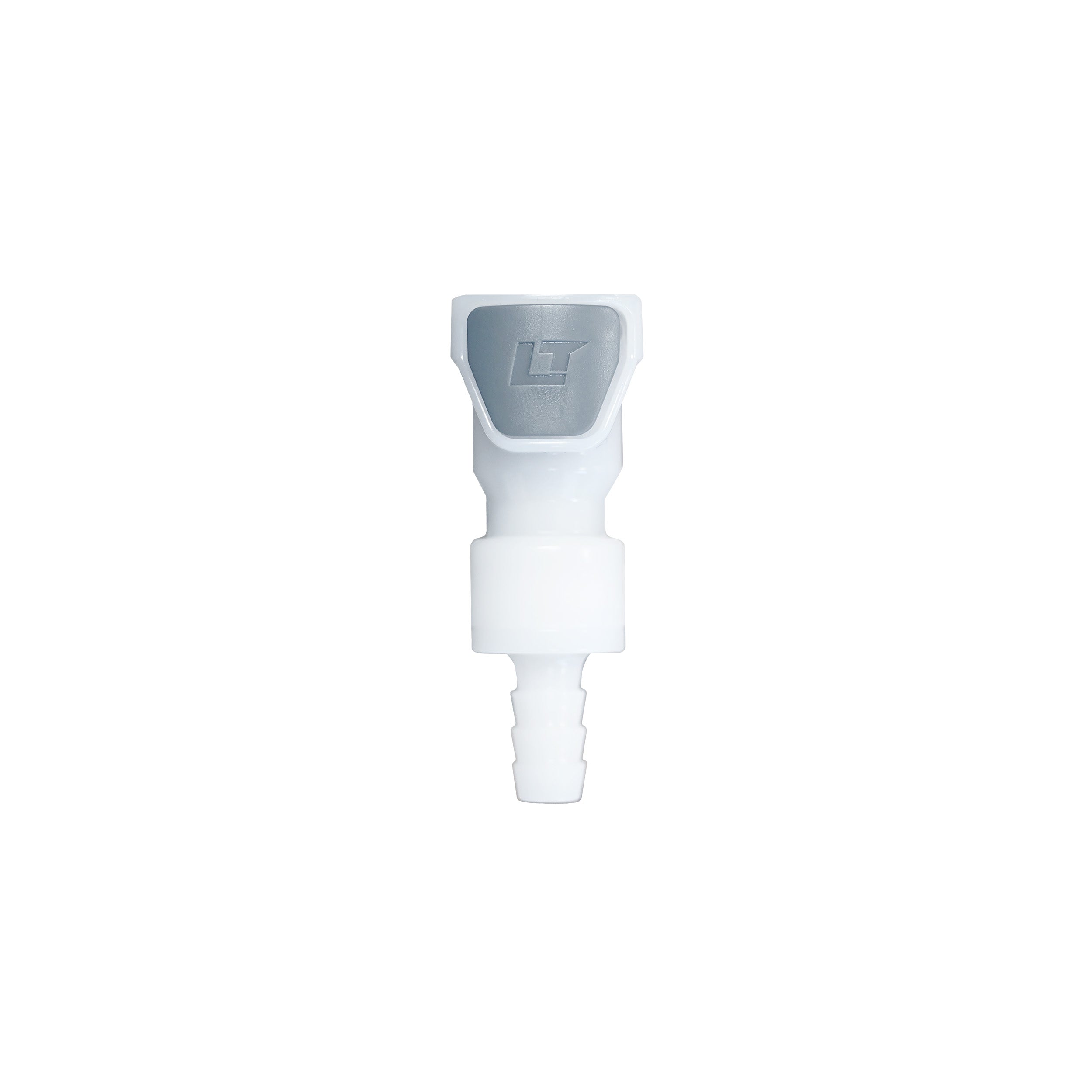 A small white plastic connector with a gray plastic tab, centered on a white background.