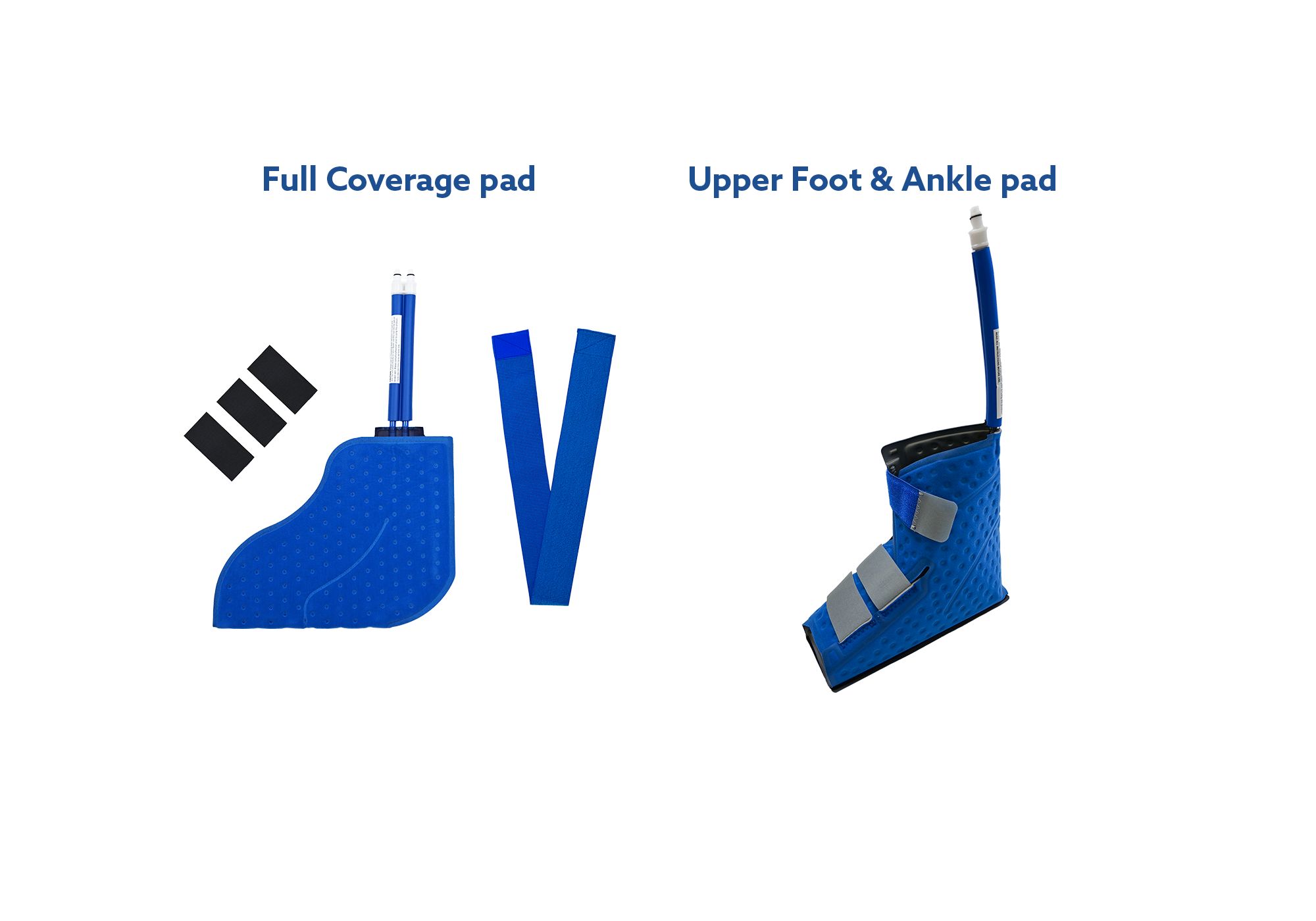Blue active ice® cold therapy pads for the feet with labeled sections for full coverage pad and upper foot & ankle pad on a white background.