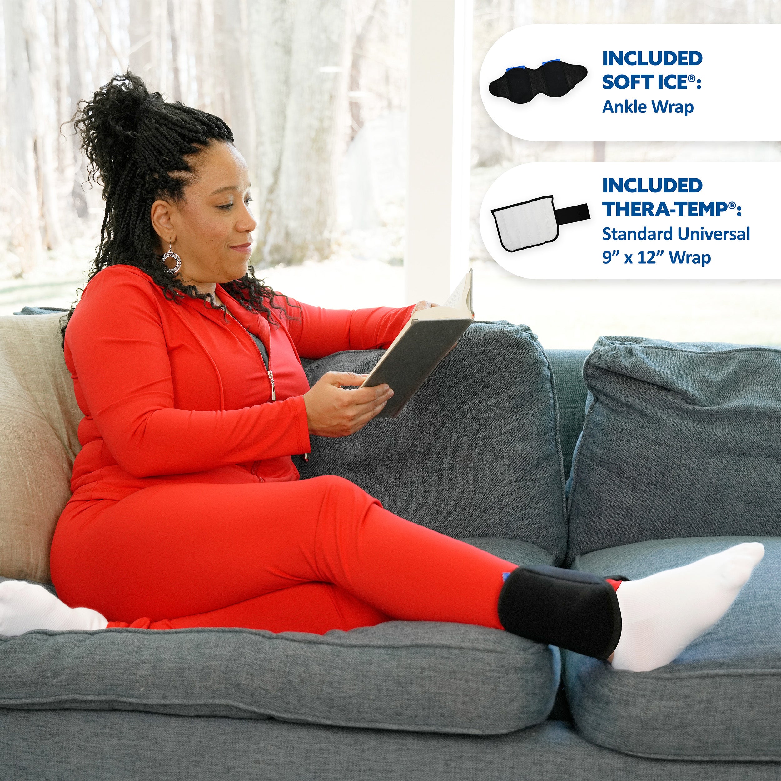 A woman in a bright red matching outfit sits on a gray couch, reading a tablet while wearing a black Soft Ice® ankle wrap. Two callout bubbles on the right show included items: a soft ice wrap and a Thera-TEMP ankle wrap.