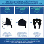 Product description card with three therapy pad options for head and face, including dimensions and descriptions.