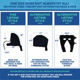 Product description card with three therapy pad options for head and face, including dimensions and descriptions.