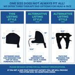 Product comparison for the head and face therapy pads with dimensions and styles on a blue and white background.