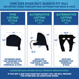 Product comparison for the head and face therapy pads with dimensions and styles on a blue and white background.