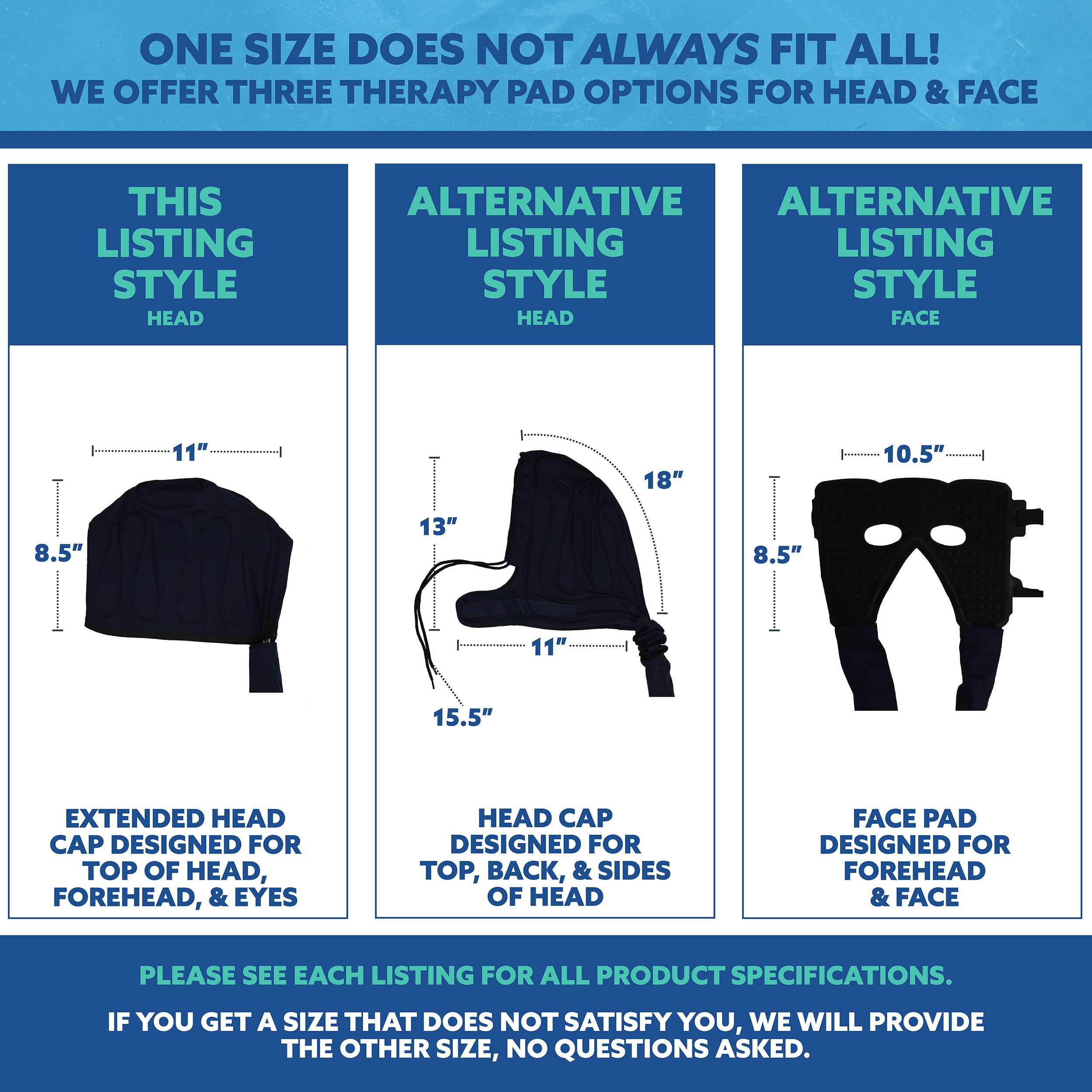 Product comparison for the head and face therapy pads with dimensions and styles on a blue and white background.