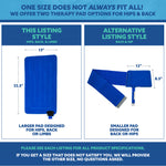 Comparison of two therapy pads for hips and back with dimensions and descriptions on a white background.