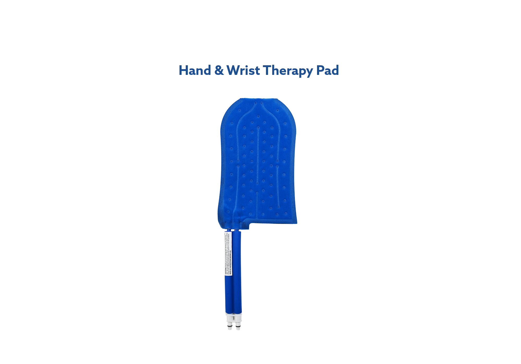 Blue hand and wrist active ice® cold therapy pad on a white background with text above it.