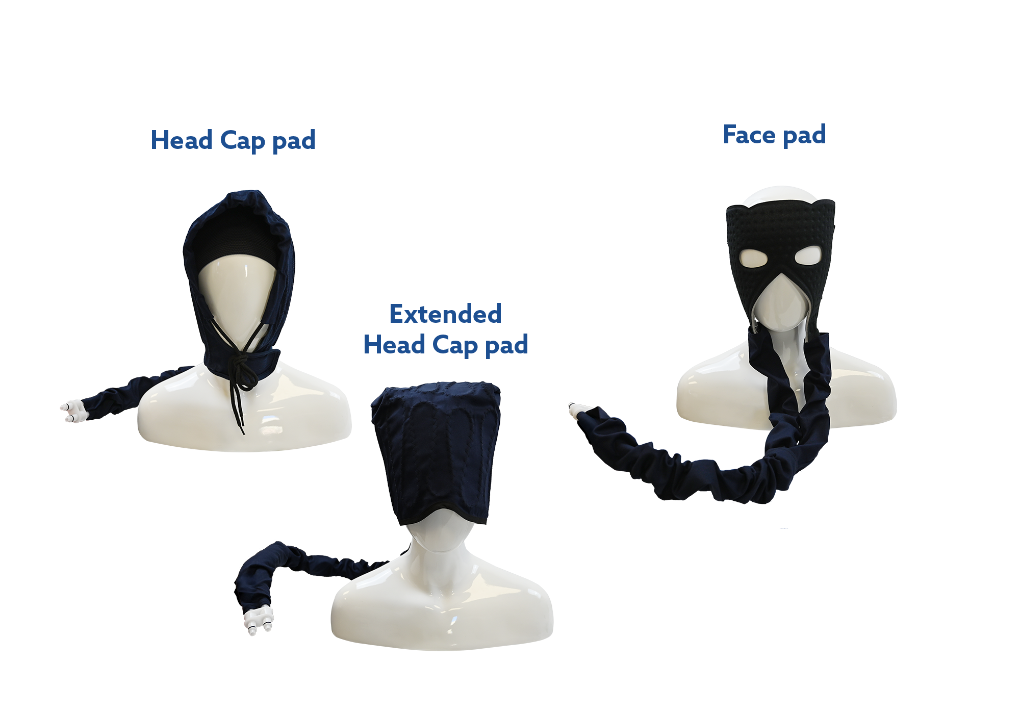 Three head cap pads for the Active Ice® cold therapy system on mannequin heads with labels indicating 'Head Cap pad', 'Face pad', and 'Extended Head Cap pad'.