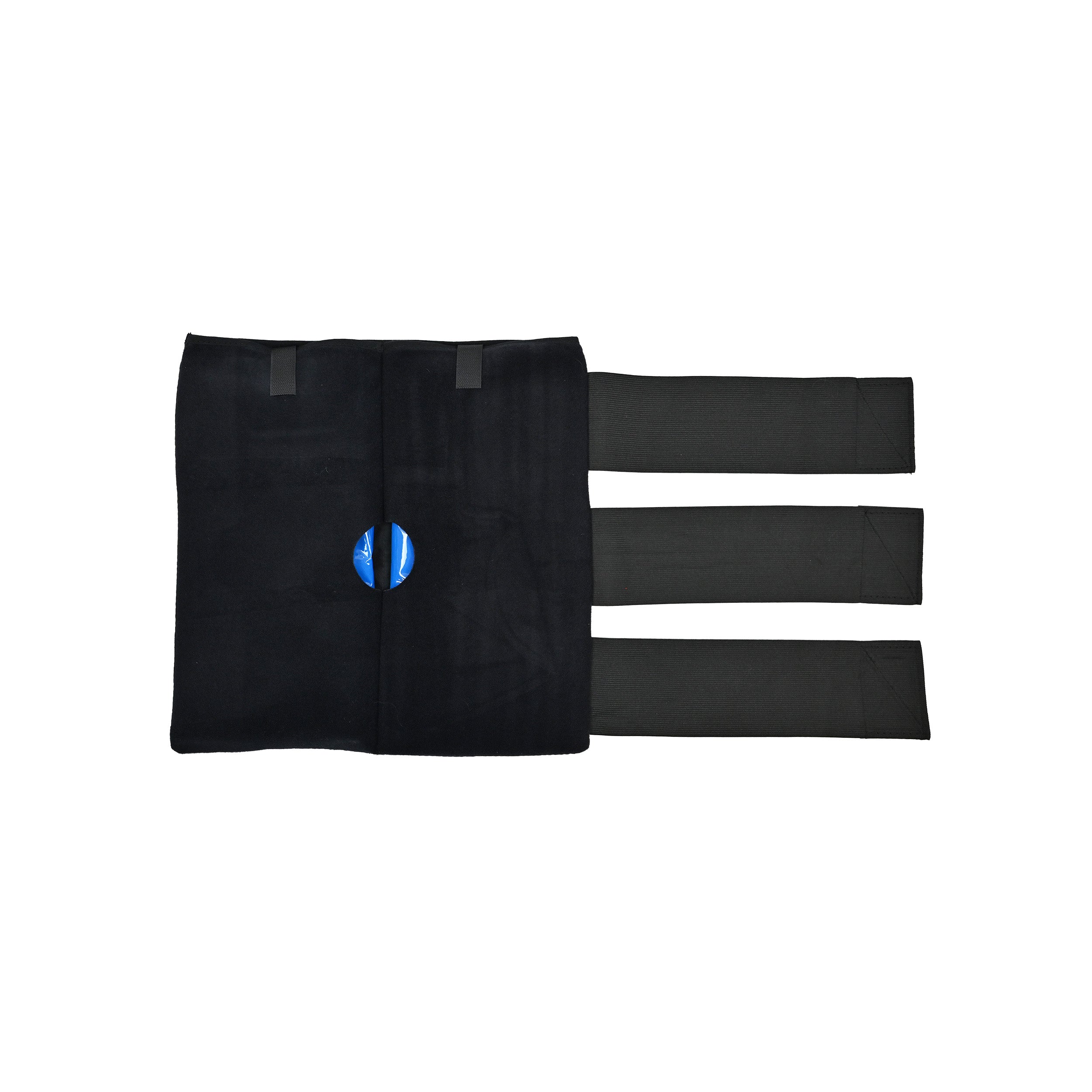 A black soft ice® knee wrap with three adjustable elastic straps, featuring a blue circular logo on the front, displayed against a solid white background.