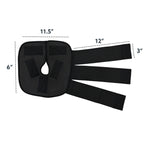 Black knee compression wrap with dimensions on a white background.