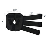 Black knee compression wrap with dimensions on a white background.