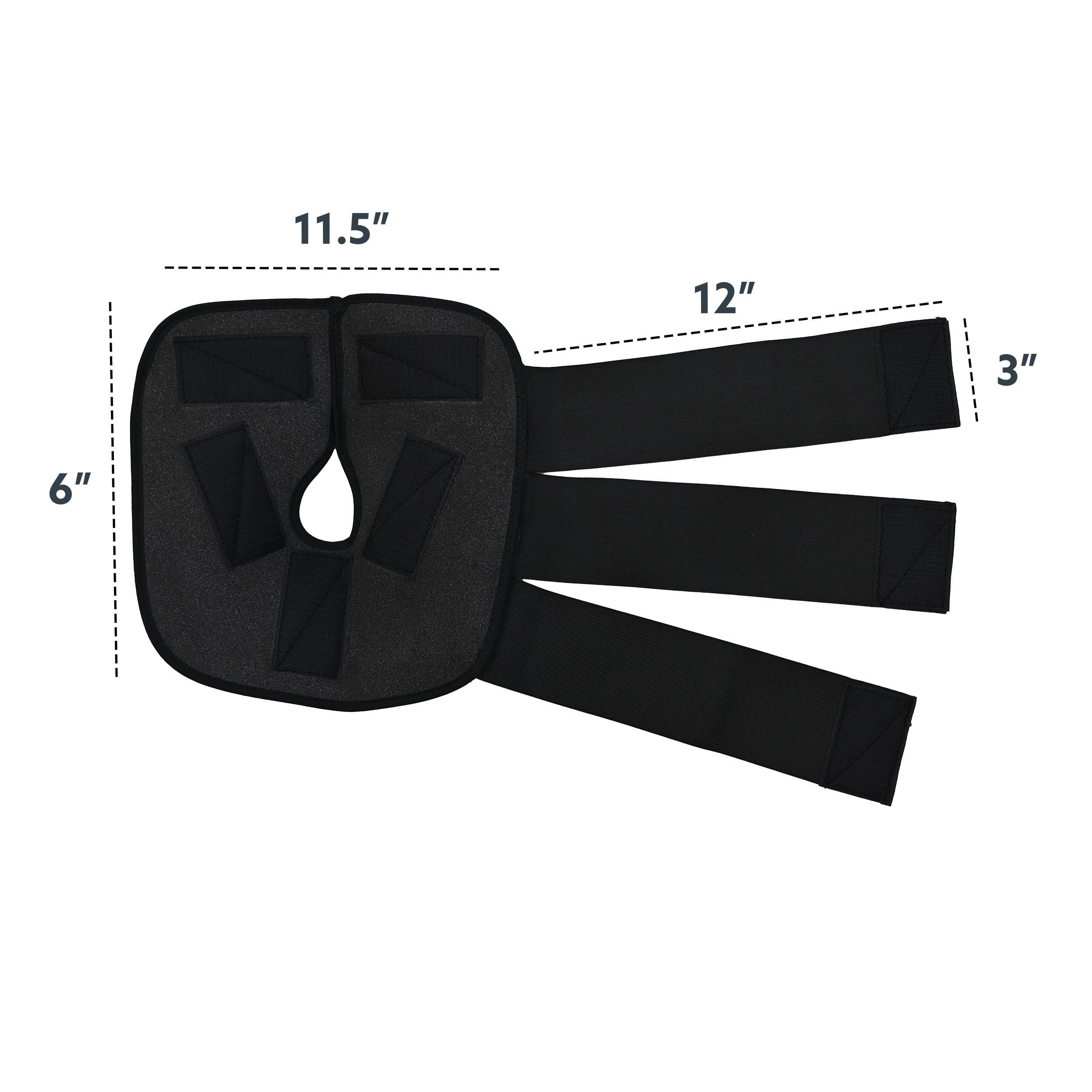 Black knee compression wrap with dimensions on a white background.