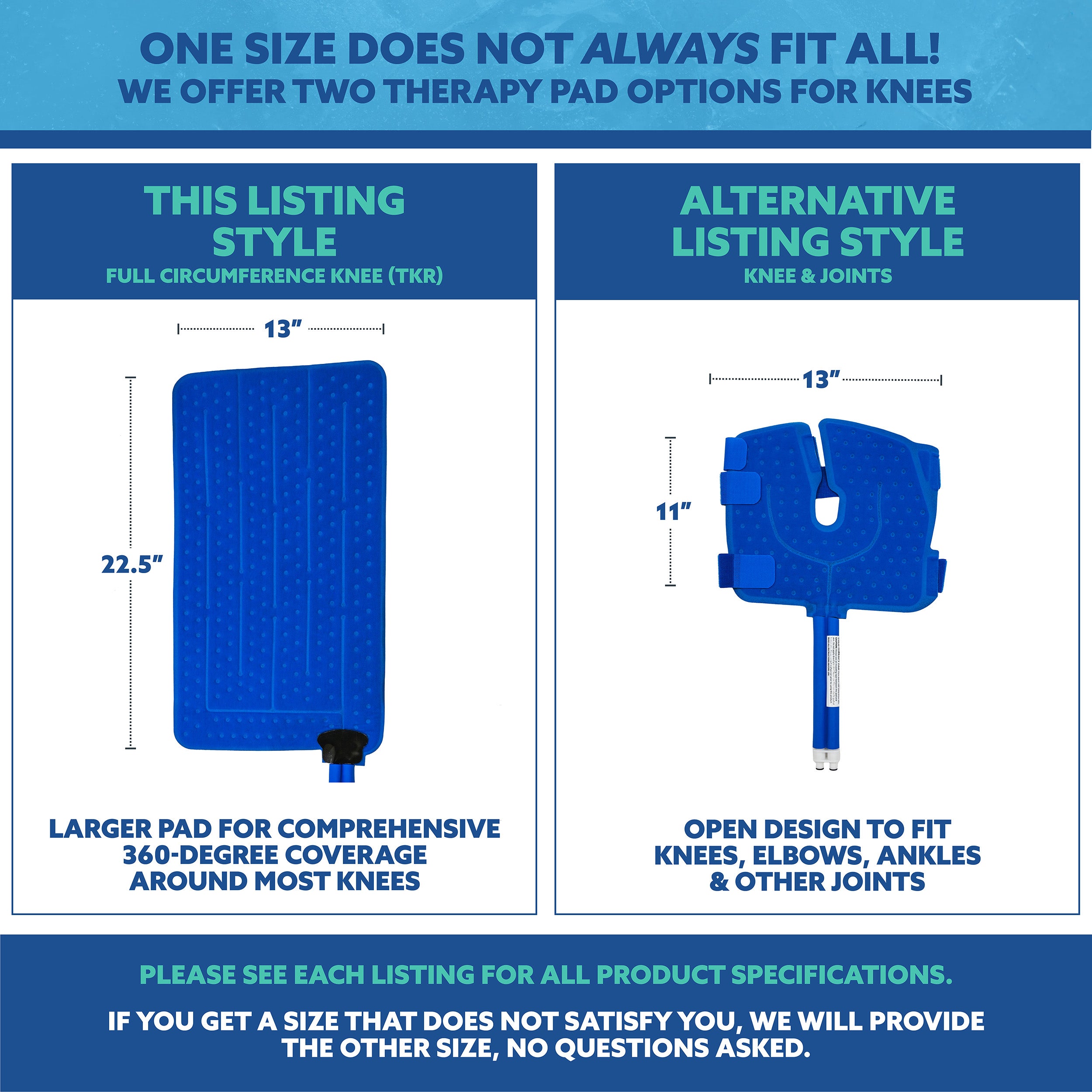 Comparison chart of two therapy pad options for knees with measurements and descriptions.