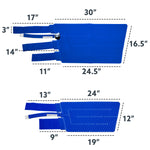 Two blue trapezoid shaped full circumference knee cold therapy pads shown on a white background with dashed measurement lines and inch labels, indicating dimensions for size information rather than a standard product beauty shot.