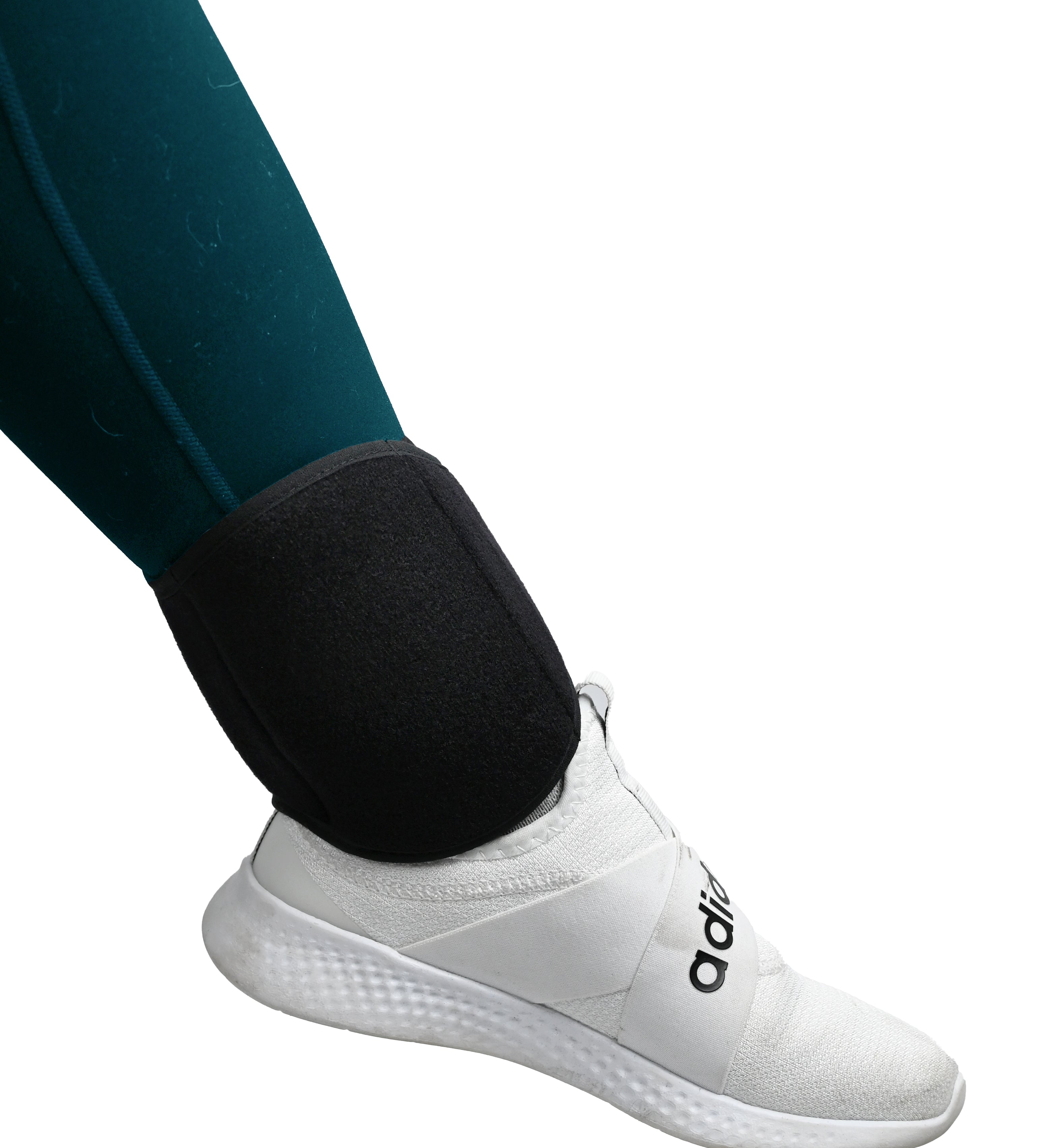 White Adidas sneaker with a black cooling ankle wrap on a white background