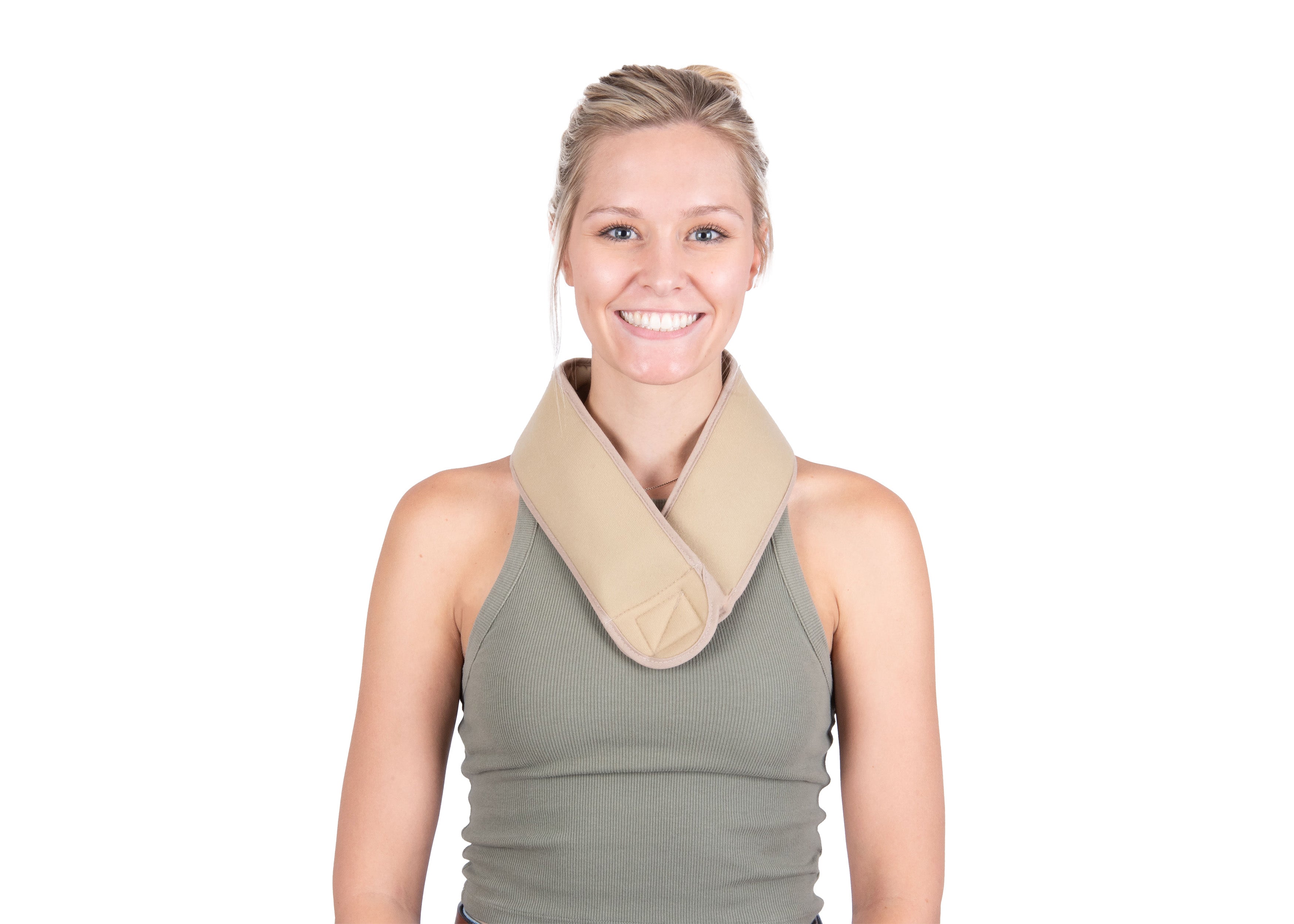 A smiling blonde woman wearing a beige cooling neck wrap over a sage green tank top, photographed against a solid white background.