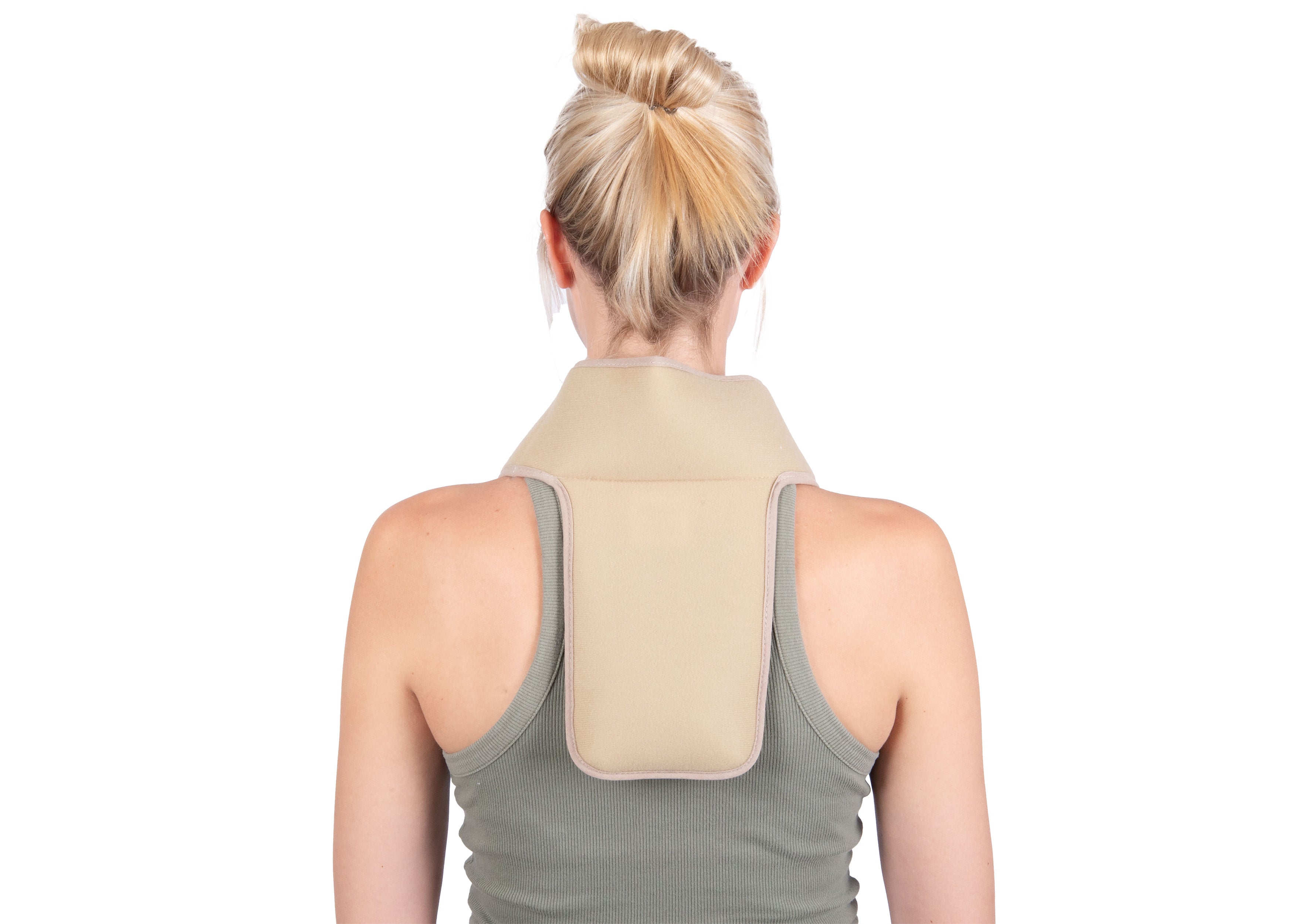 A woman viewed from behind wearing a beige neck and upper spine cooling neck wrap over a gray tank top, isolated on a white background.