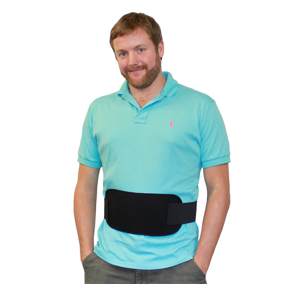 Man wearing a turquoise polo shirt with a black torso cooling wrap on a white background