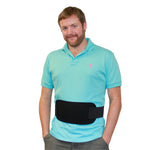 Man wearing a turquoise polo shirt with a black torso cooling wrap on a white background