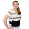 Woman wearing a black torso cooling wrap with an elastic belt on a white background