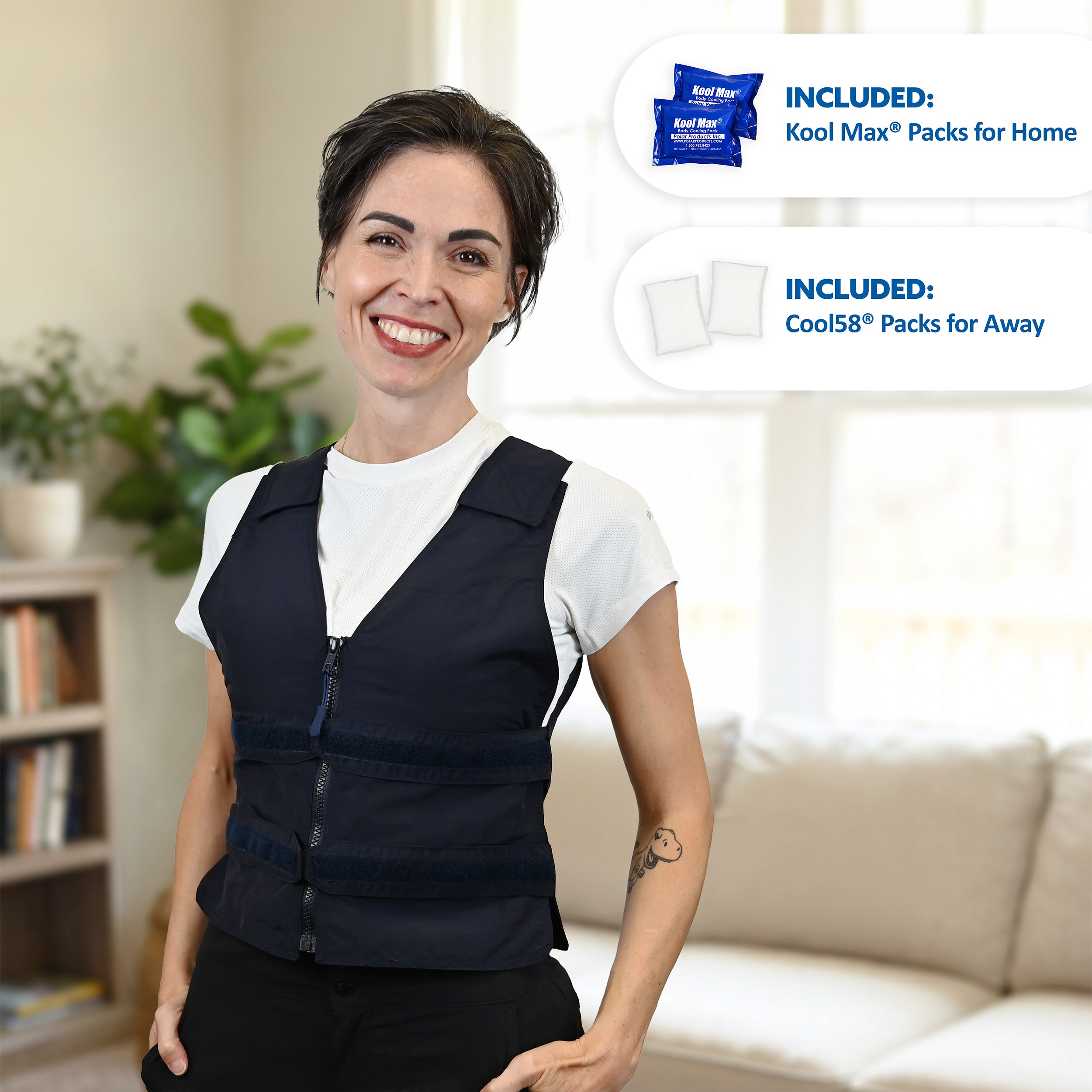 A smiling woman stands indoors wearing a dark navy adjustable cooling vest in nylon over a white T-shirt and black pants. Two callout bubbles on the right show included products: Kool Max Packs for Home and Cool58 Packs for Away.