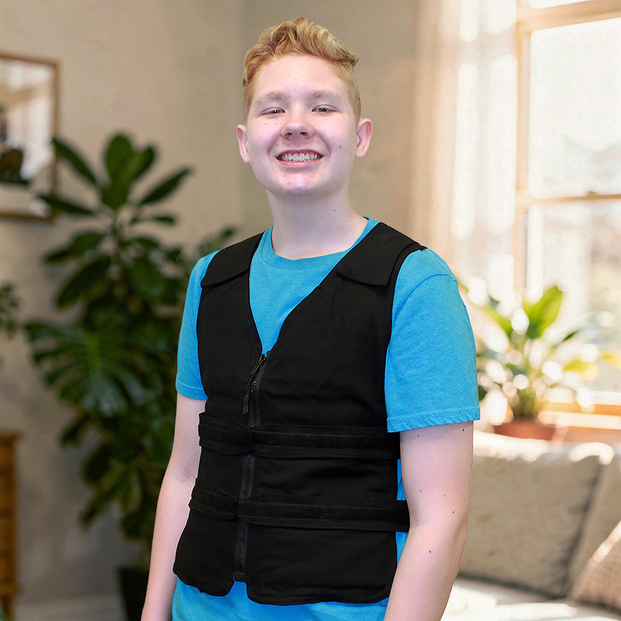 A smiling young man wearing a black adjustable cooling vest over a bright blue t-shirt, standing in a brightly lit living room with plants and a window in the background.
