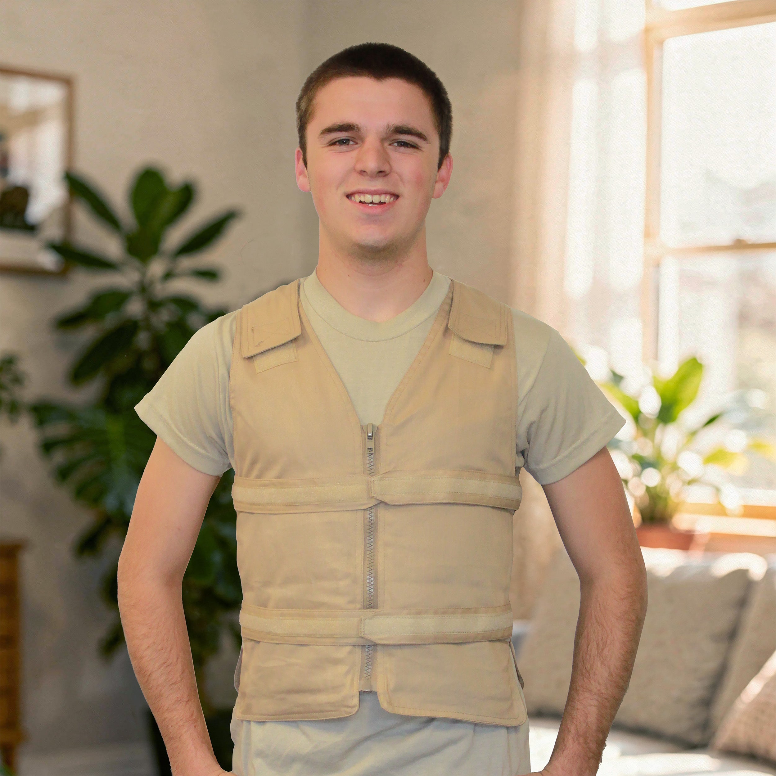 A smiling young man wearing a beige adjustable cooling vest over a light olive green t-shirt, standing in a brightly lit living room with plants and a window in the background.
