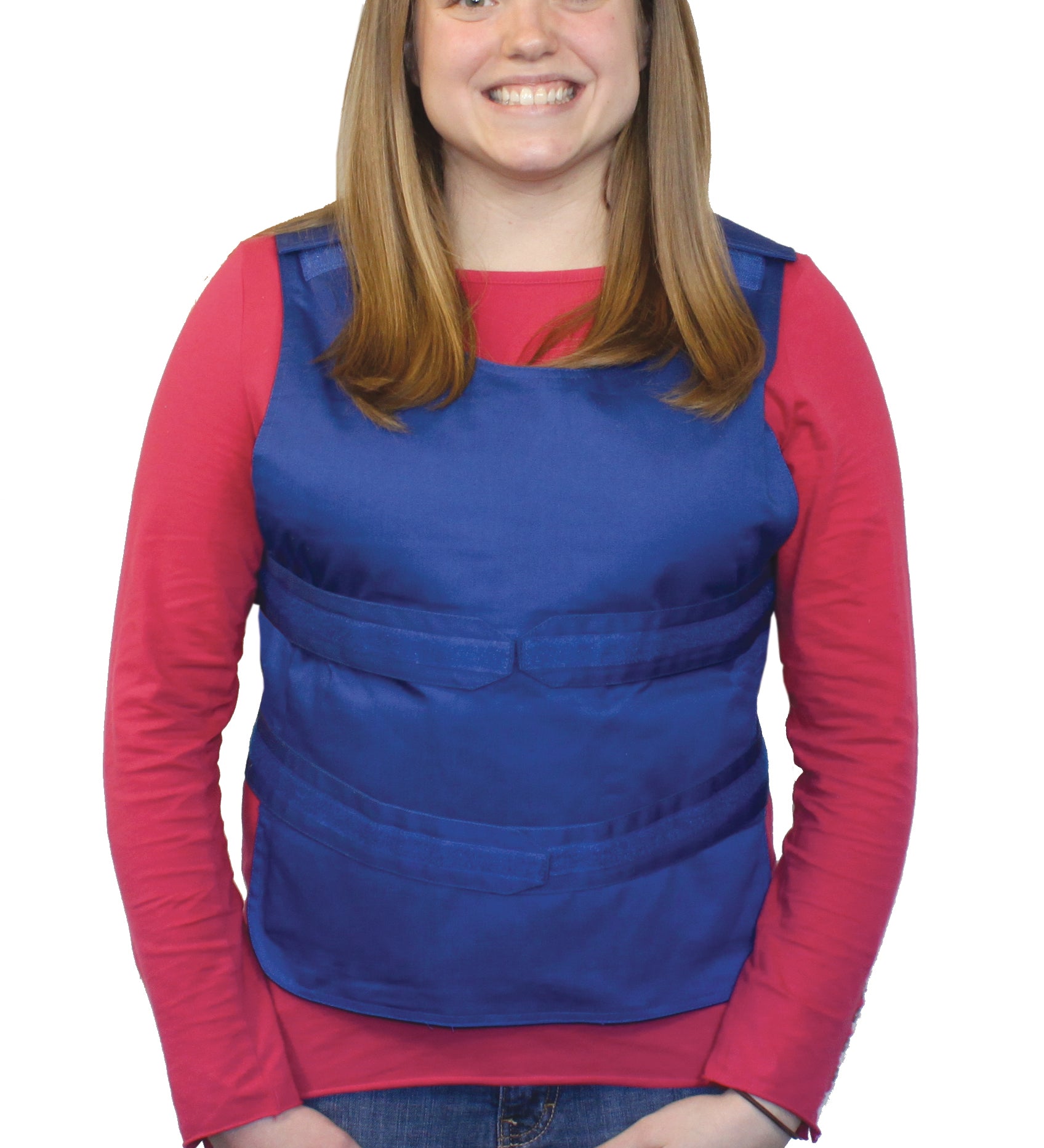 Woman wearing a blue poncho-style adjustable cooling vest over a pink shirt on a white background