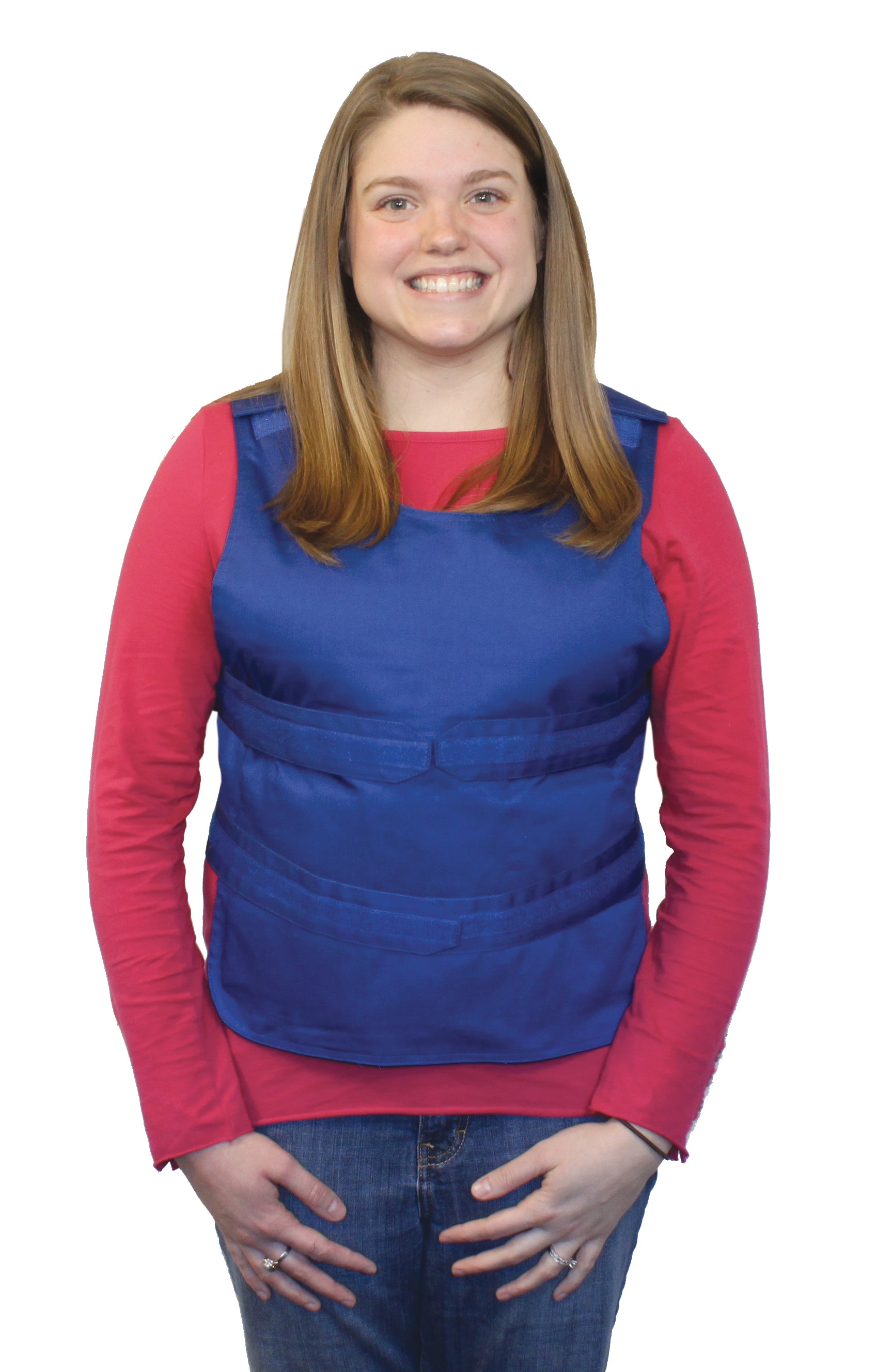 Woman wearing a blue poncho-style adjustable cooling vest over a pink shirt on a white background