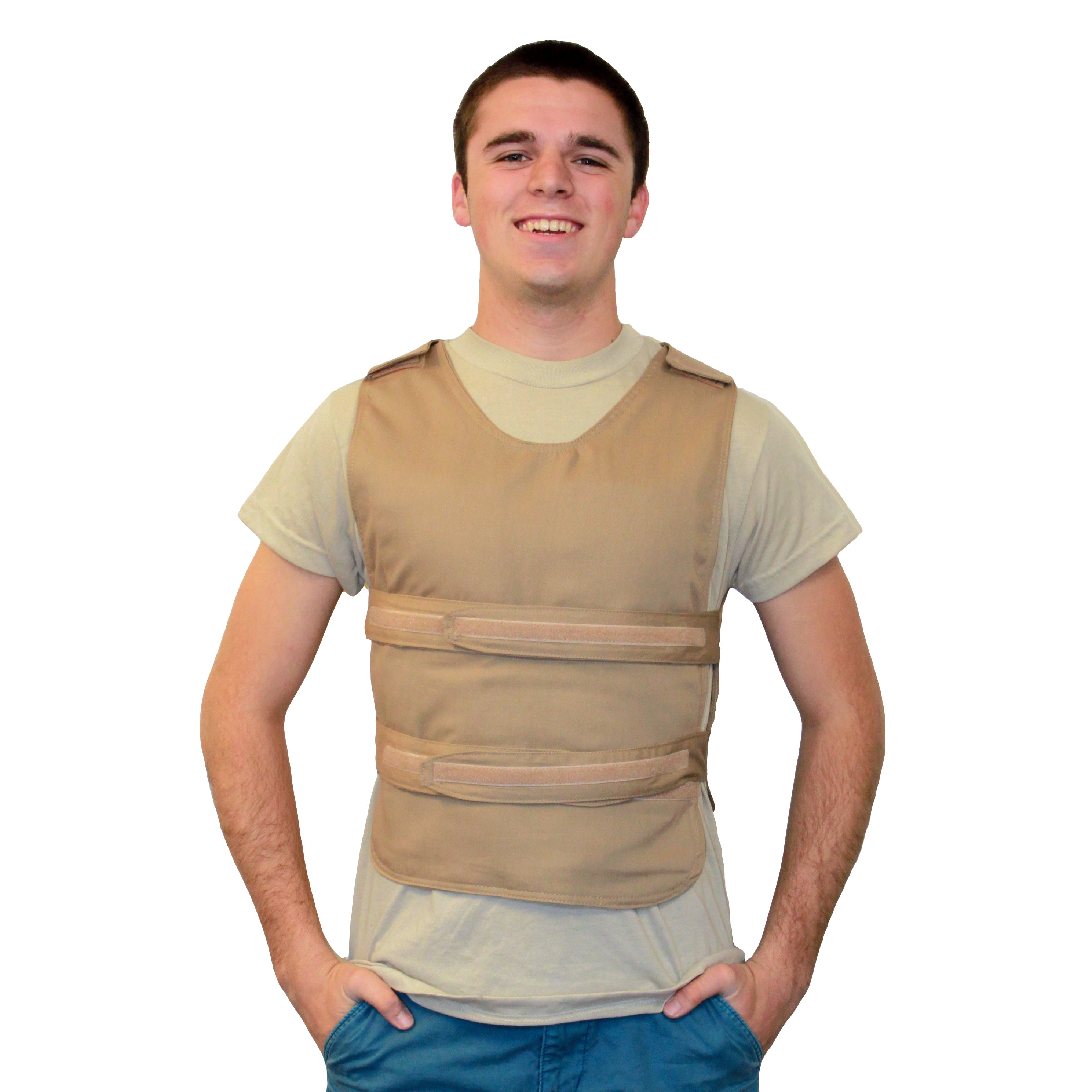 A man wearing a tan Poncho Adjustable Zipper Cooling vest over a light beige t-shirt and blue jeans, standing against a solid white background.