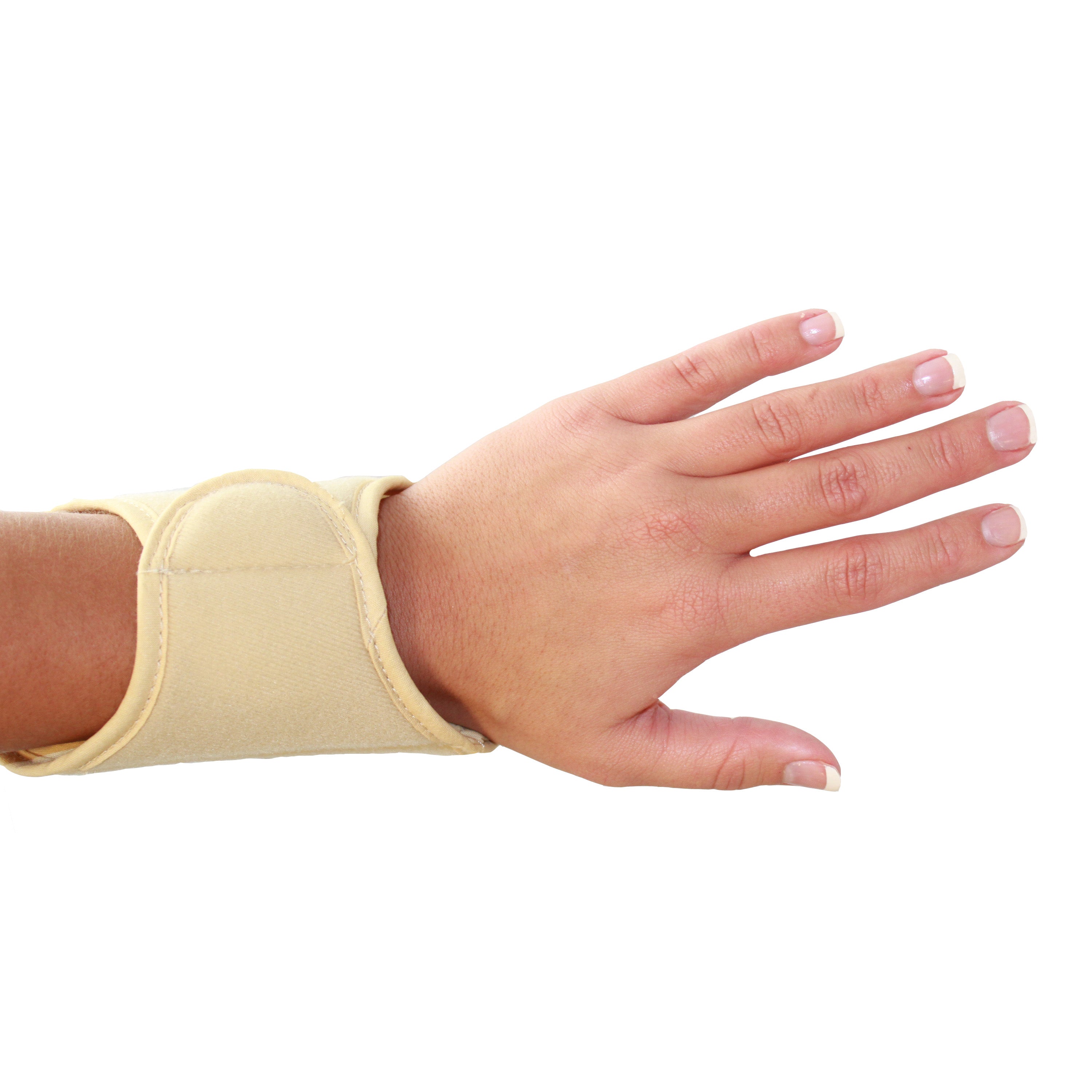 Hand wearing a beige cooling wrist wrap on a white background
