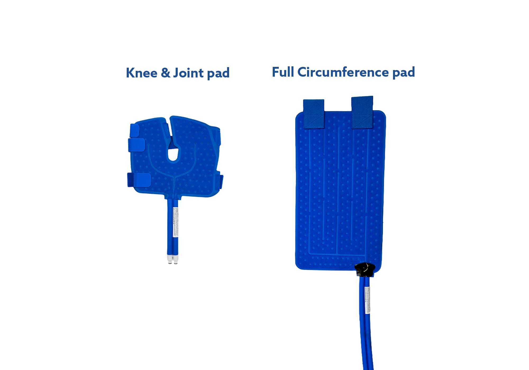 Two blue active ice® cold therapy pads for the knee labeled as 'knee & joint pad' and 'full circumference pad'