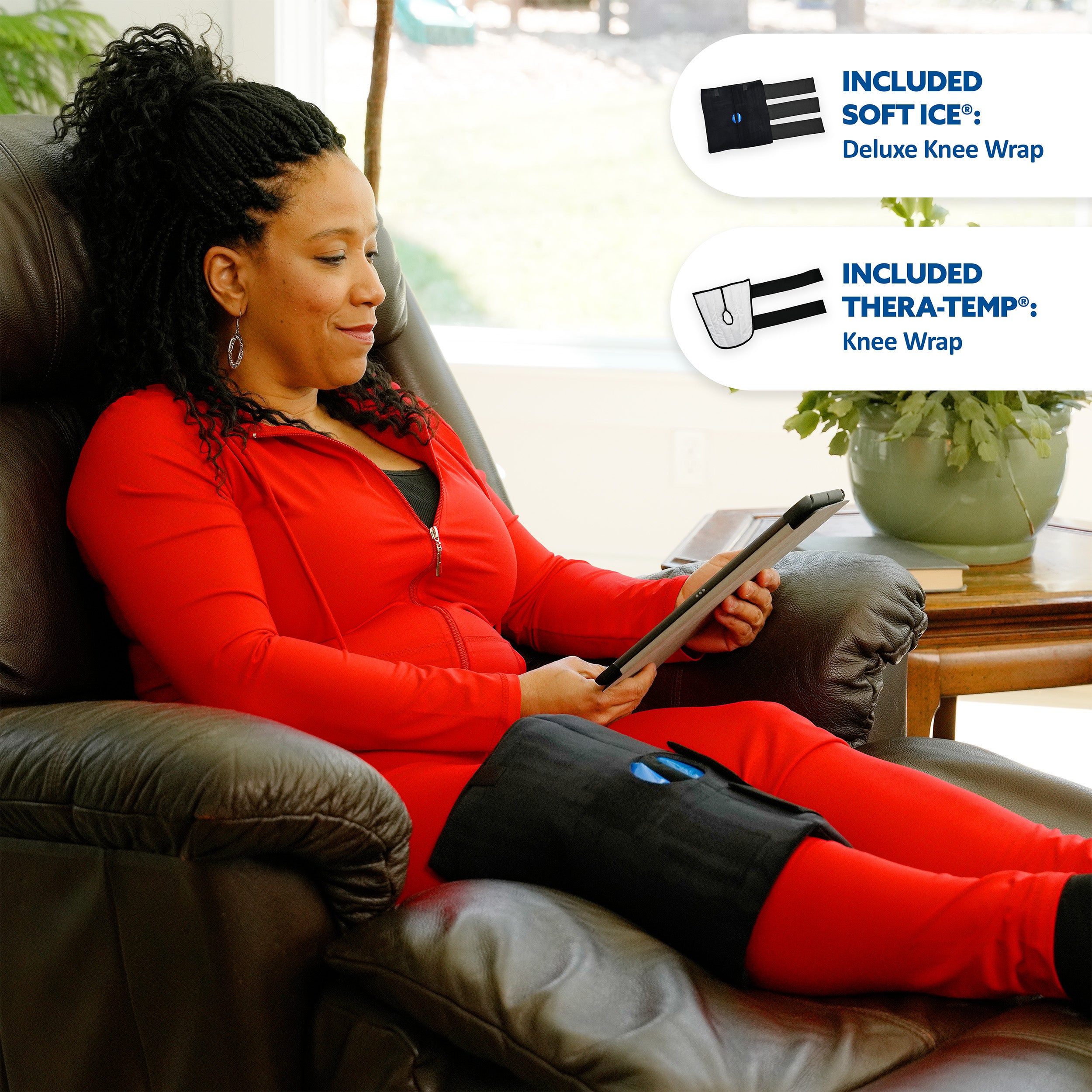 A woman in a red tracksuit relaxes in a brown leather recliner while using a Soft Ice® knee wrap on her leg. Two callout graphics on the right show included accessories: a Soft Ice deluxe knee wrap and a Thera-Temp knee wrap.