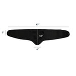 Black lumbar compression wrap with dimensions on a white background.