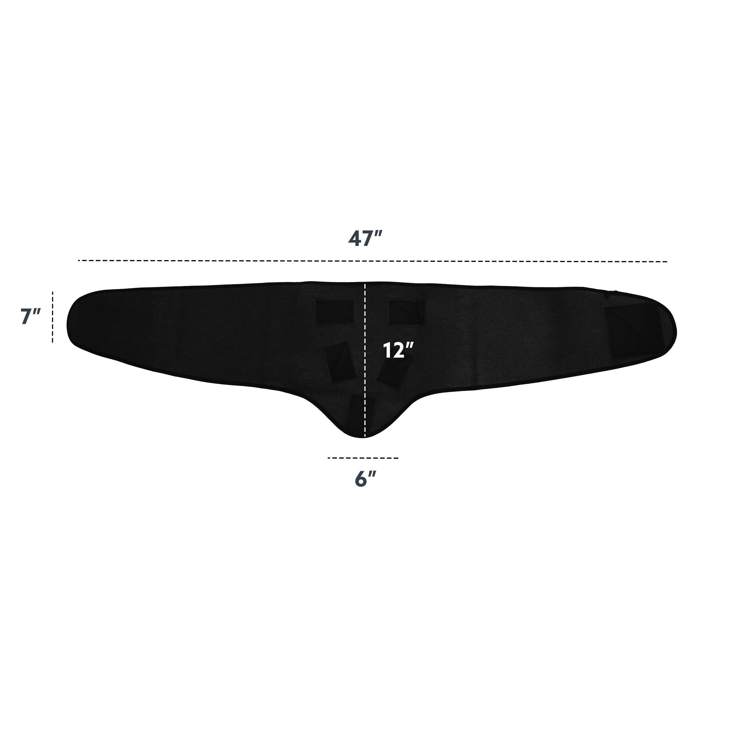 Black lumbar compression wrap with dimensions on a white background.